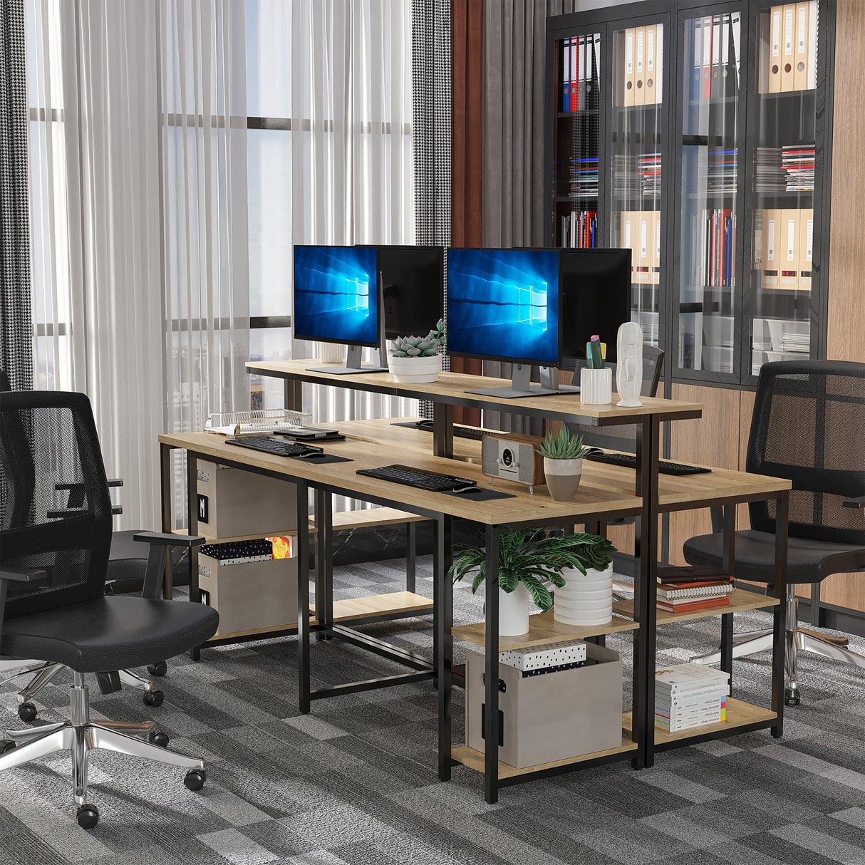 easycomfort easycomfort scrivania doppia con scaffali e mensola per monitor in stile industriale scrivania con libreria salvaspazio per ufficio e studio in metallo e mdf 200x53x100cm nero marrone