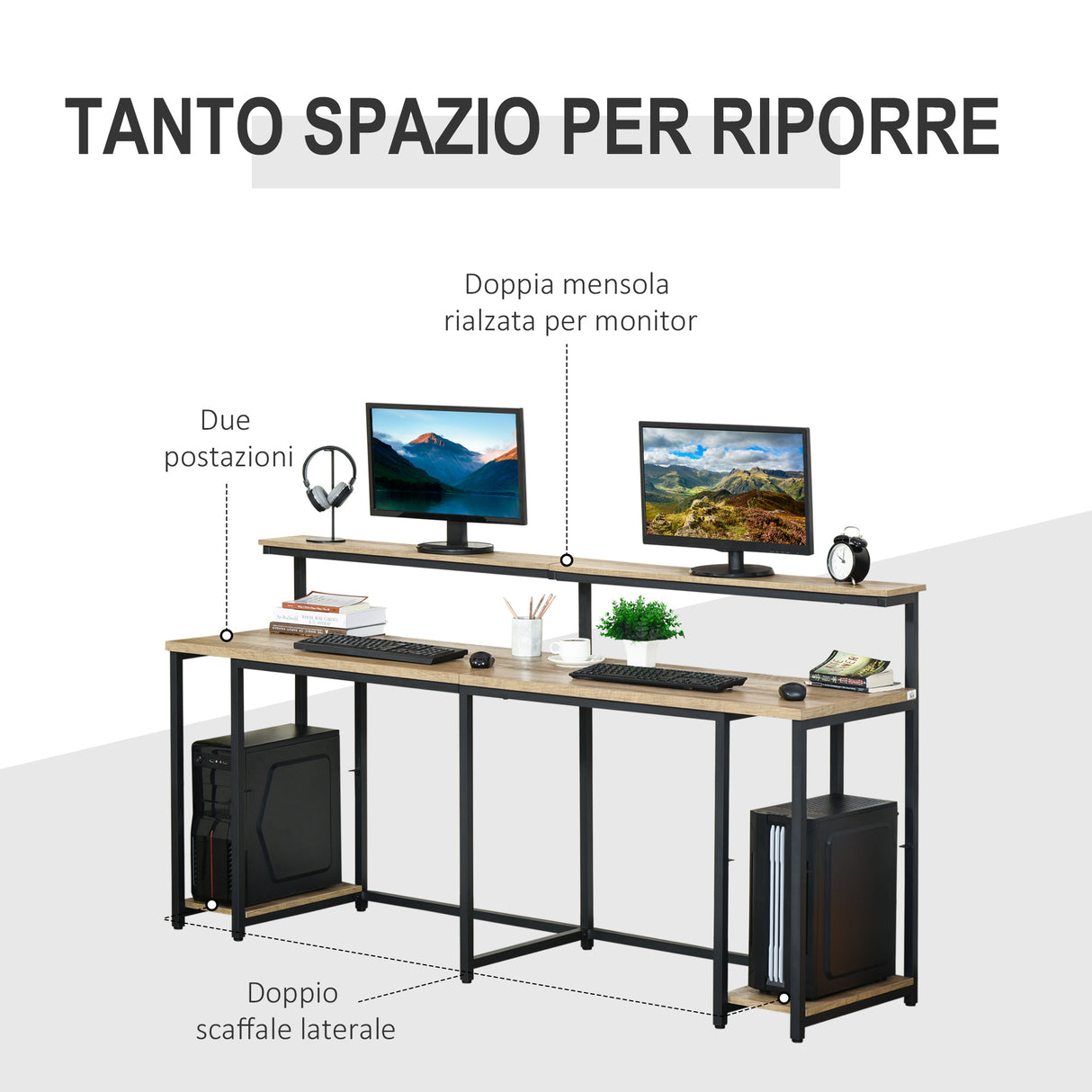 easycomfort easycomfort scrivania doppia con scaffali e mensola per monitor in stile industriale scrivania con libreria salvaspazio per ufficio e studio in metallo e mdf 200x53x100cm nero marrone