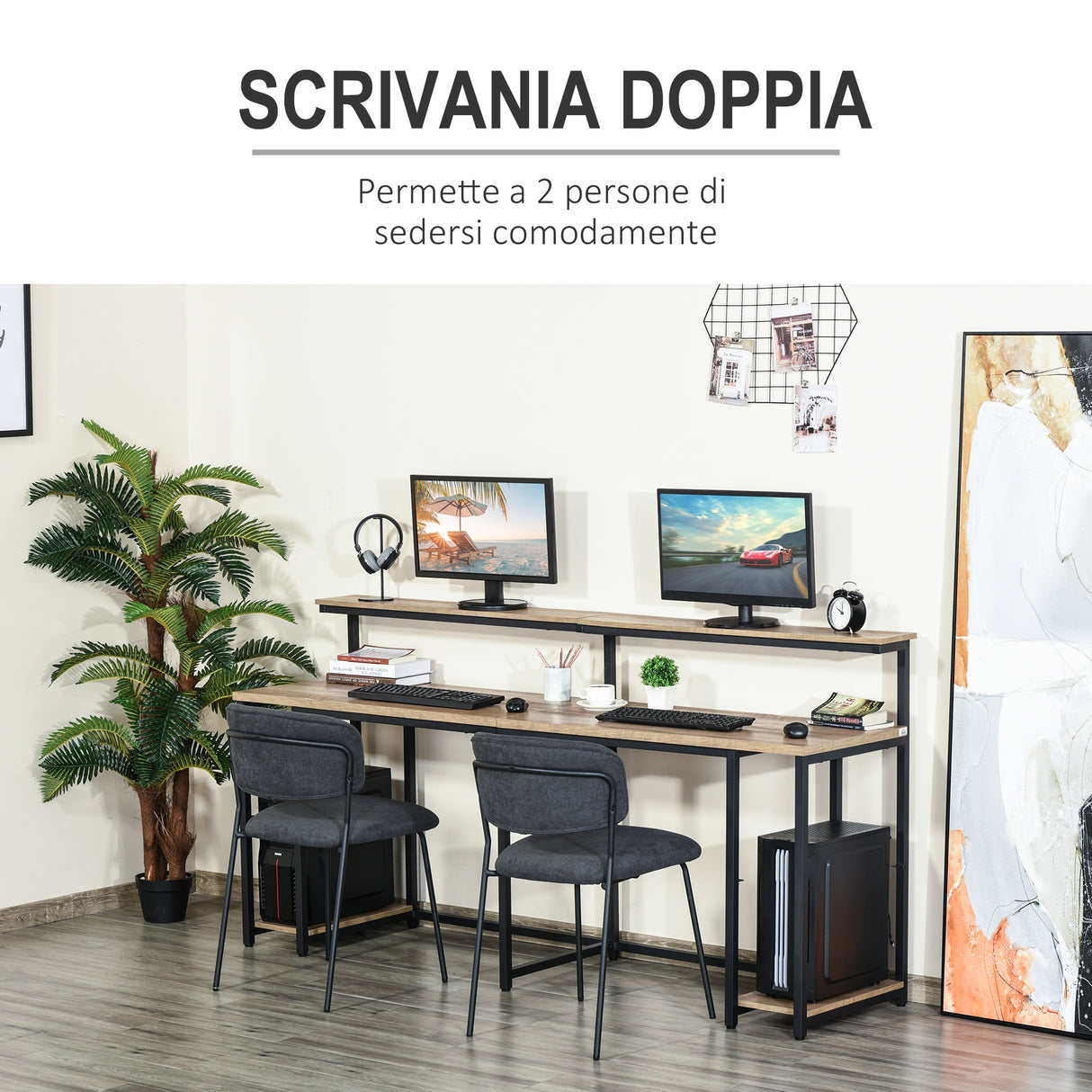 easycomfort easycomfort scrivania doppia con scaffali e mensola per monitor in stile industriale scrivania con libreria salvaspazio per ufficio e studio in metallo e mdf 200x53x100cm nero marrone