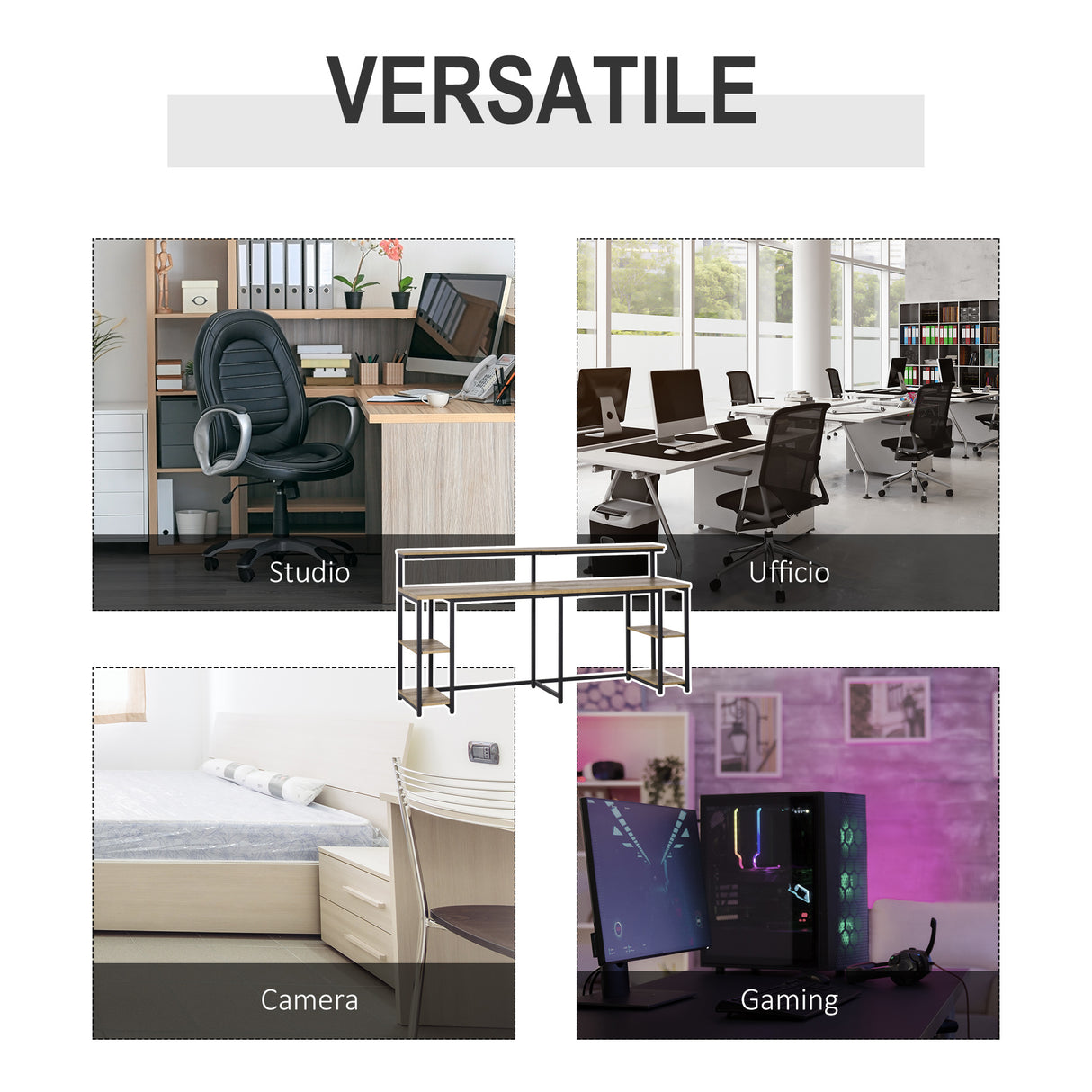 easycomfort easycomfort scrivania doppia con scaffali e mensola per monitor in stile industriale scrivania con libreria salvaspazio per ufficio e studio in metallo e mdf 200x53x100cm nero marrone