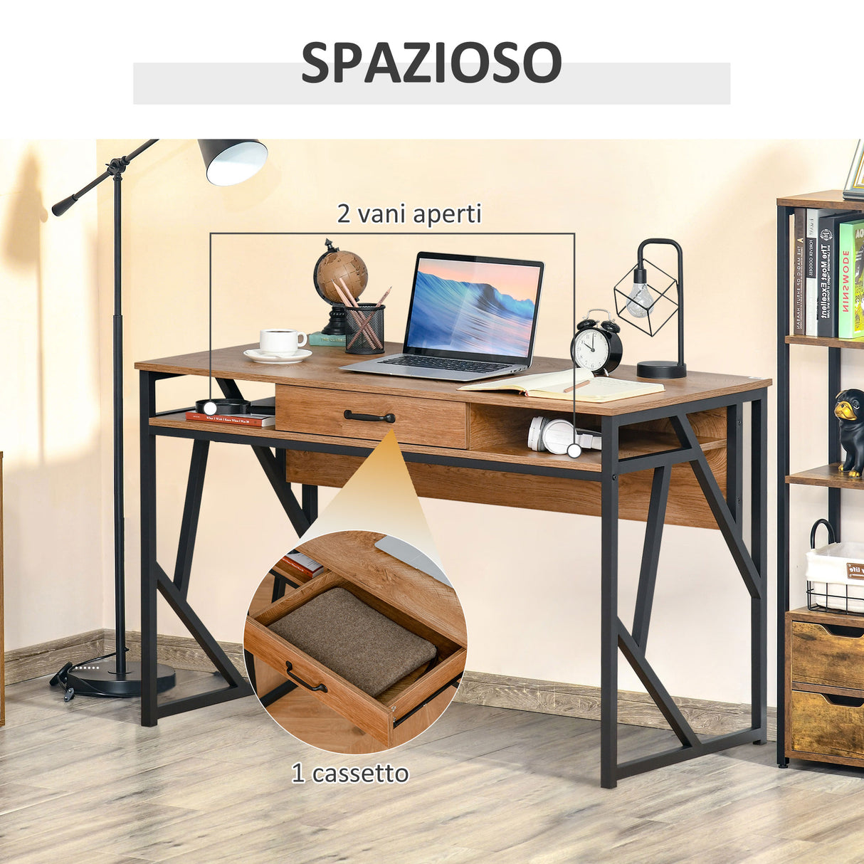 easycomfort easycomfort scrivania in metallo e mdf stile industriale con mensole e cassetto 120x60x76cm nero marrone