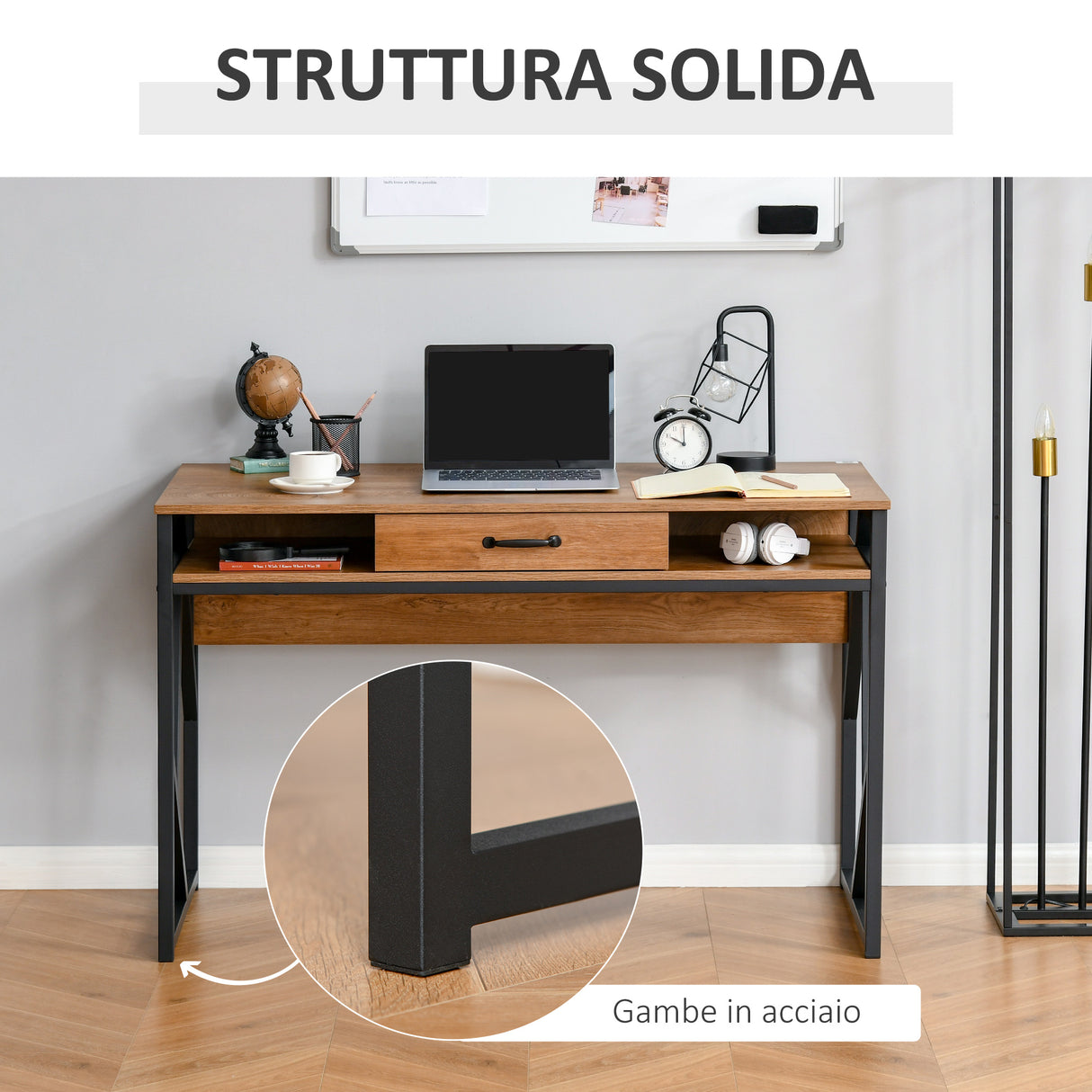 easycomfort easycomfort scrivania in metallo e mdf stile industriale con mensole e cassetto 120x60x76cm nero marrone