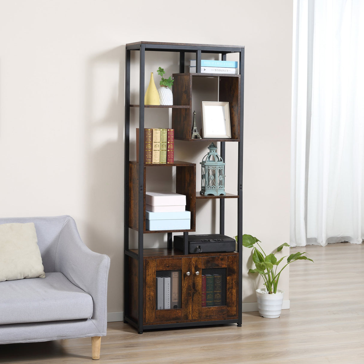 easycomfort easycomfort mobile libreria scaffale in stile industriale con armadietto a 2 ante scaffale salvaspazio a 8 ripiani per casa e ufficio 70x30x180cm marrone