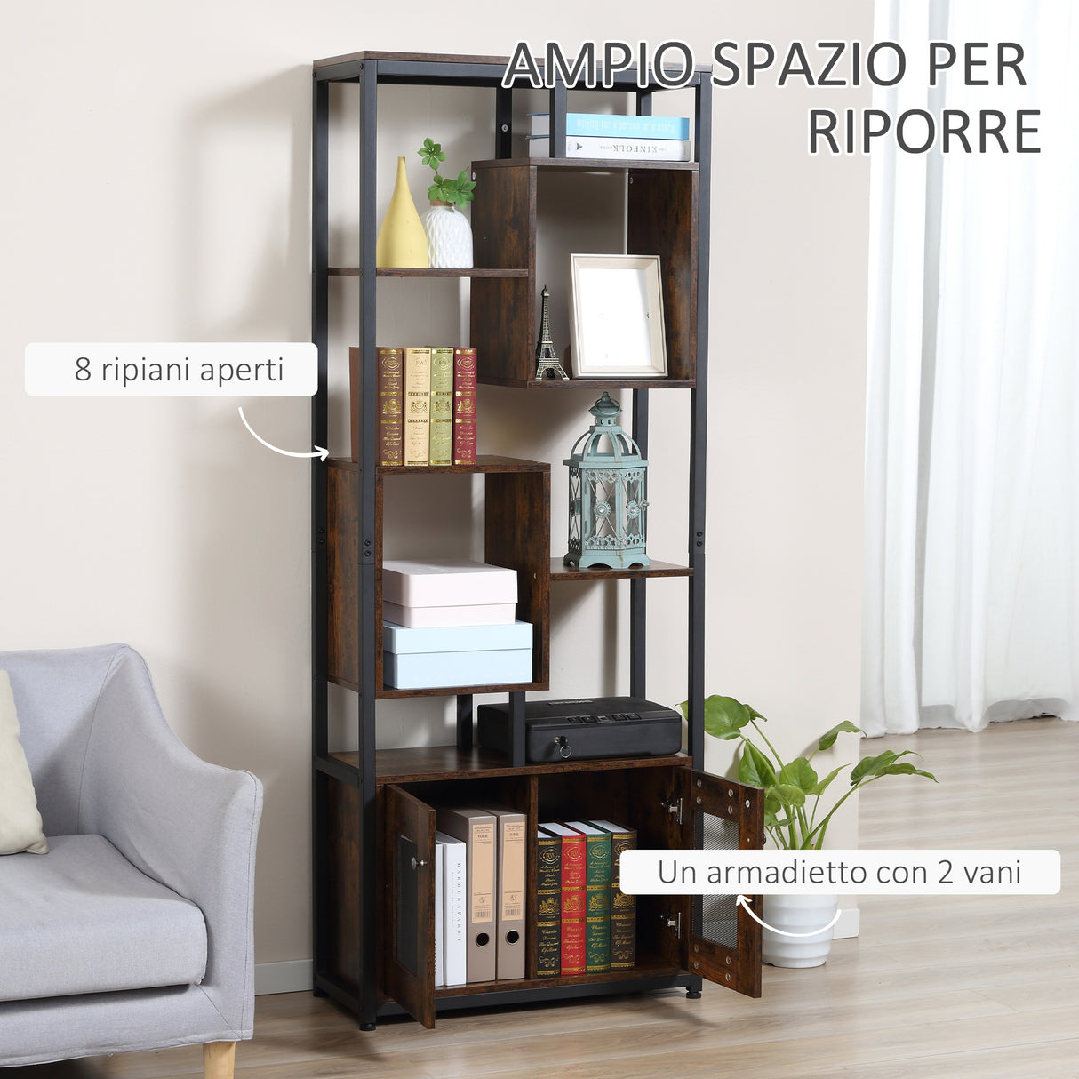 easycomfort easycomfort mobile libreria scaffale in stile industriale con armadietto a 2 ante scaffale salvaspazio a 8 ripiani per casa e ufficio 70x30x180cm marrone