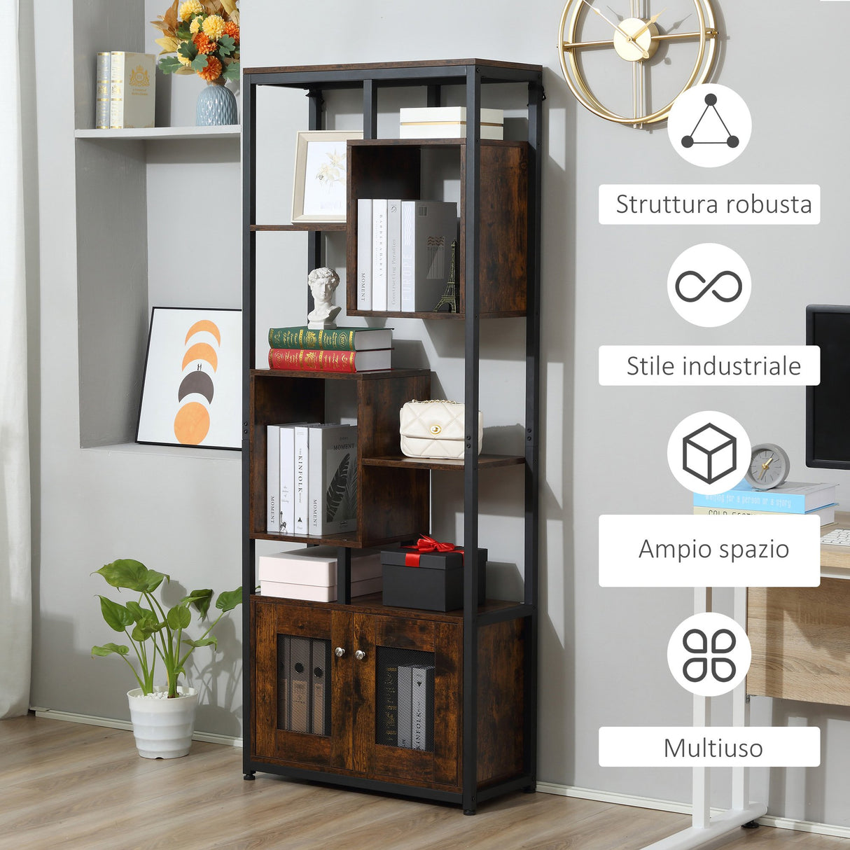 easycomfort easycomfort mobile libreria scaffale in stile industriale con armadietto a 2 ante scaffale salvaspazio a 8 ripiani per casa e ufficio 70x30x180cm marrone
