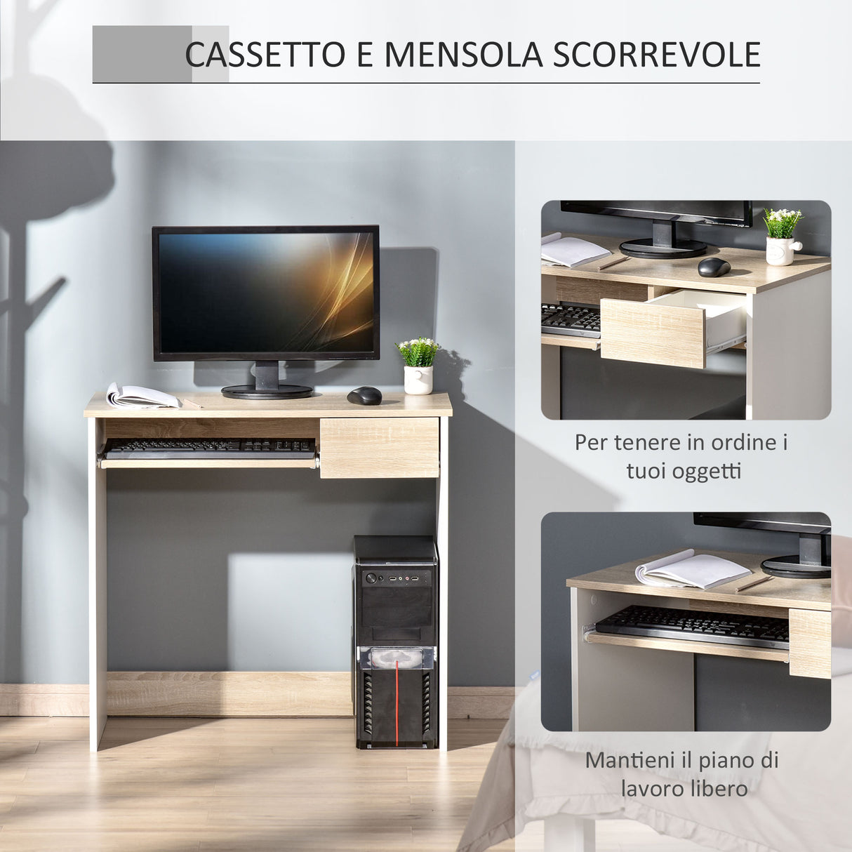 easycomfort easycomfort scrivania per pc con ripiano tastiera bianco rovere