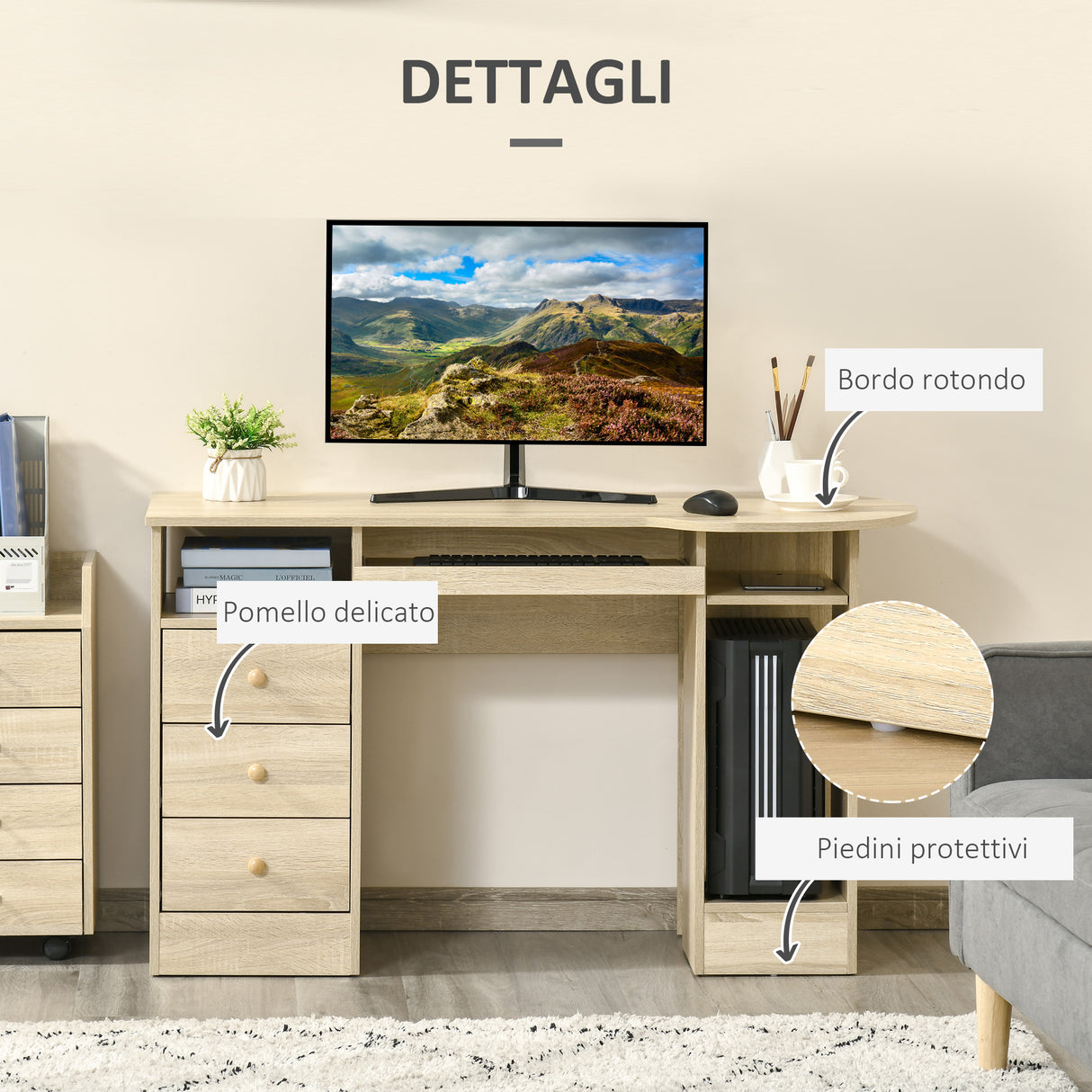 easycomfort easycomfort scrivania da pc per ufficio con scaffali cassetti e ripiano testiera in legno 125x60x74cm