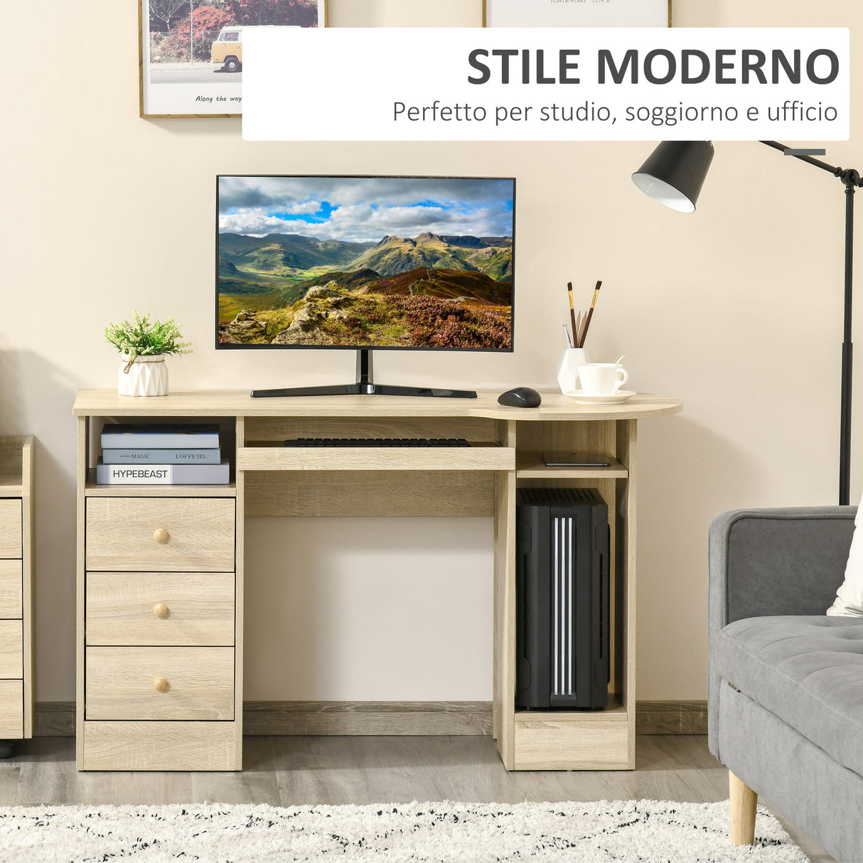 easycomfort easycomfort scrivania da pc per ufficio con scaffali cassetti e ripiano testiera in legno 125x60x74cm
