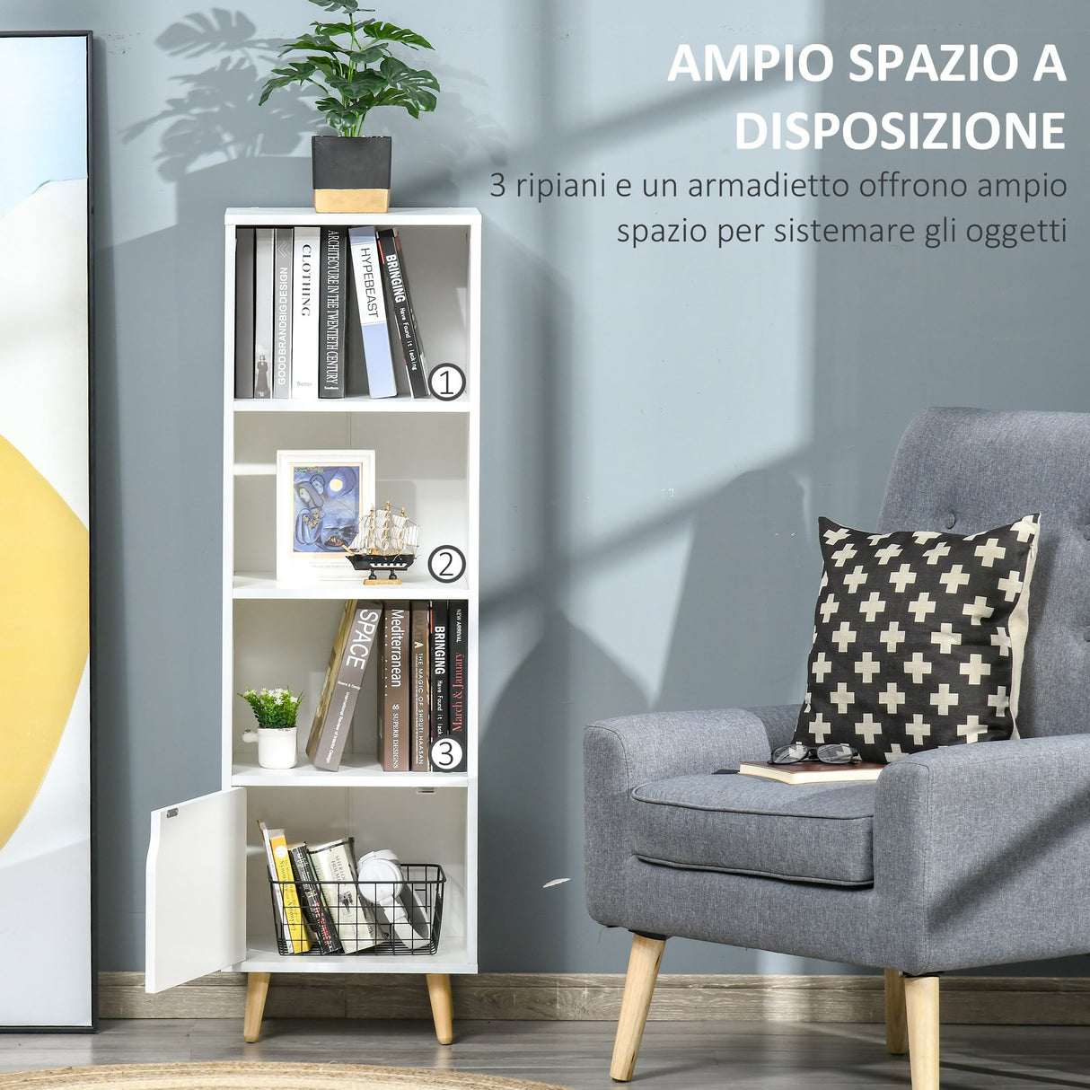 easycomfort easycomfort scaffale libreria con 3 ripiani e 1 armadietto in legno 40x30x129 5cm bianco