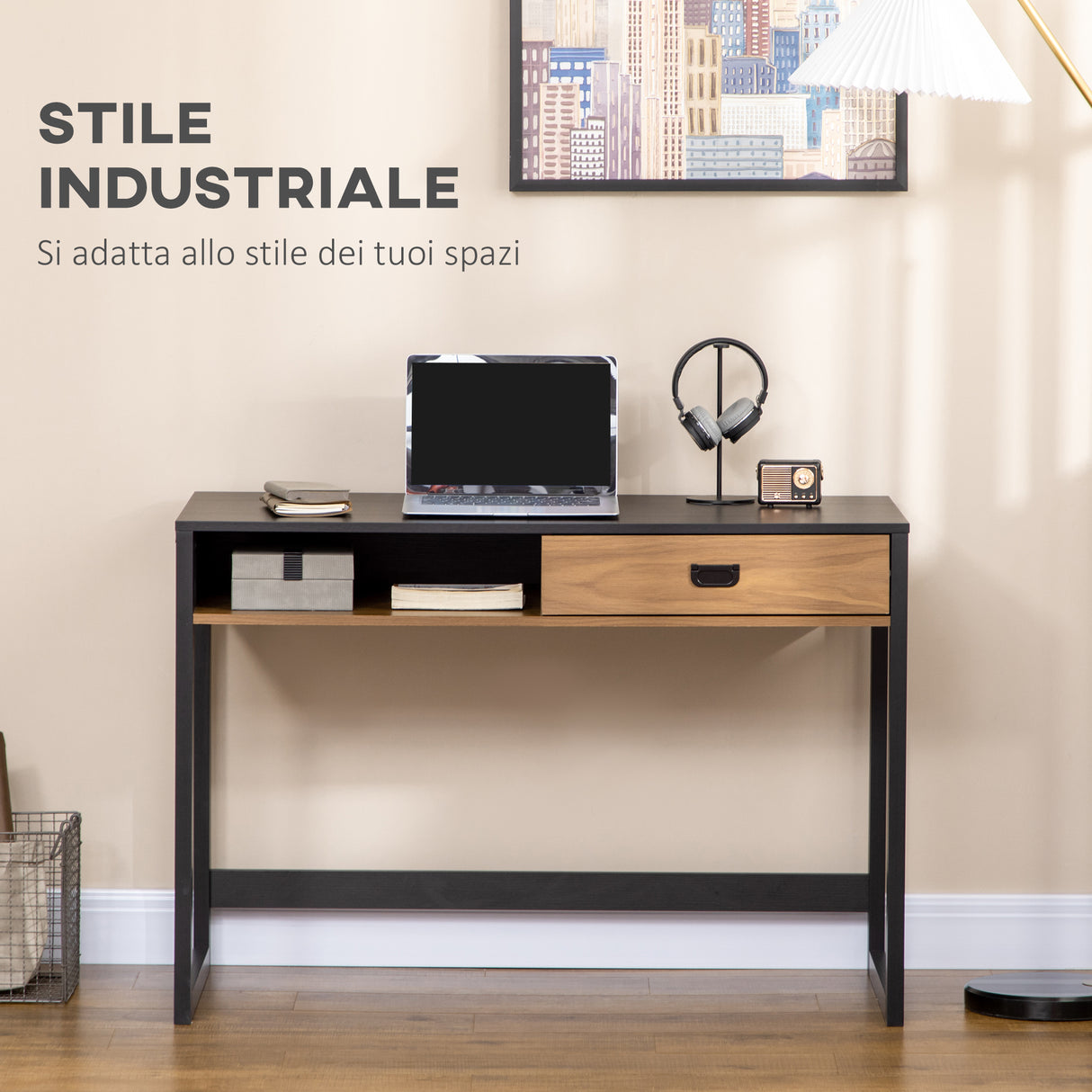 easycomfort easycomfort scrivania per camera e ufficio con cassetto stile industriale 110x50x76cm noce e nero
