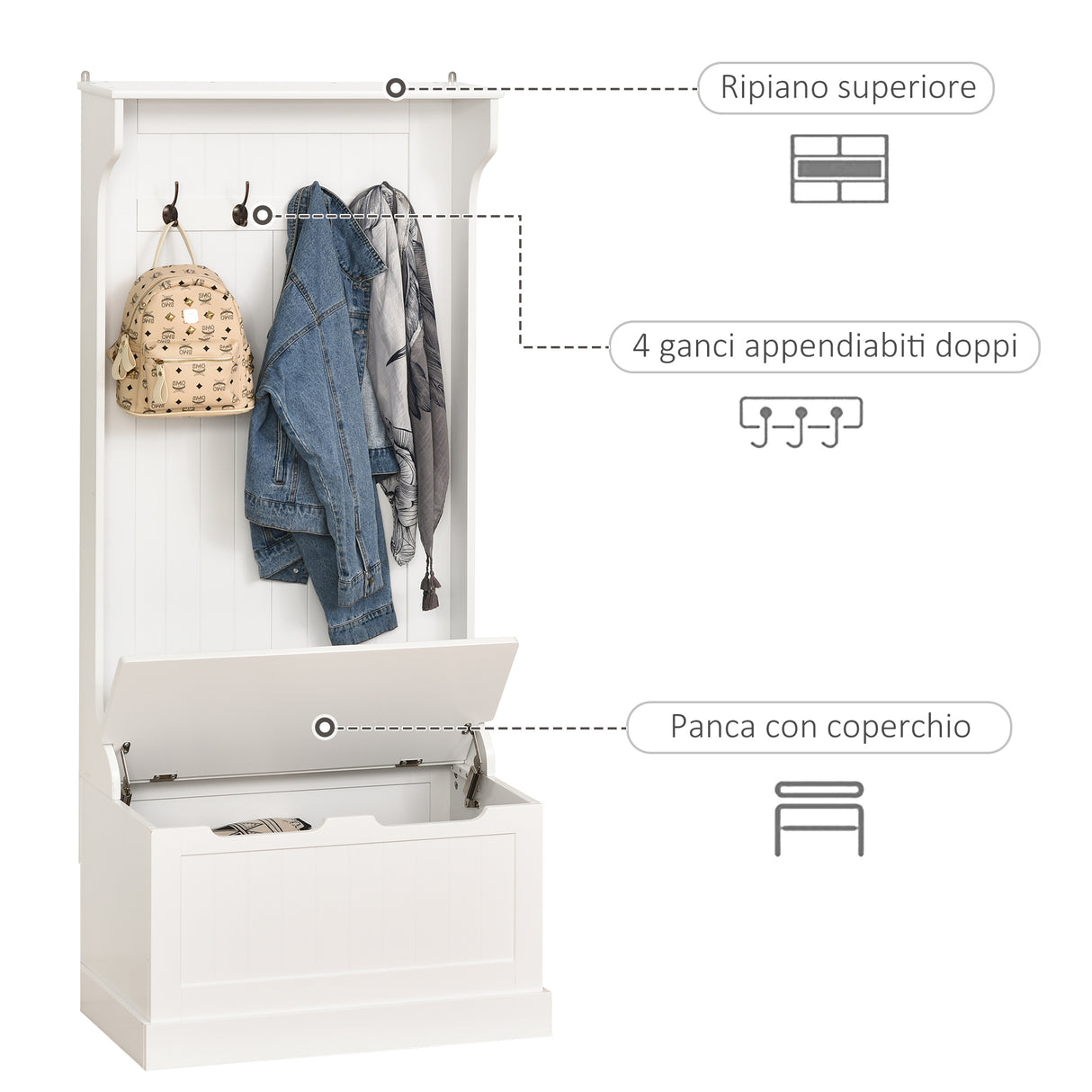 easycomfort easycomfort appendiabiti con panca contenitore in mdf per casa e ingresso max 100kg 71 5 x 39 5 x 170cm bianco ean 8054144139944