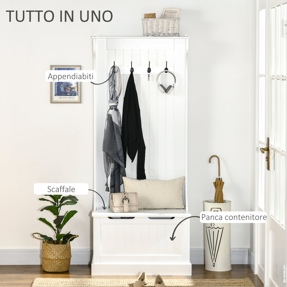 easycomfort easycomfort appendiabiti con panca contenitore in mdf per casa e ingresso max 100kg 71 5 x 39 5 x 170cm bianco ean 8054144139944