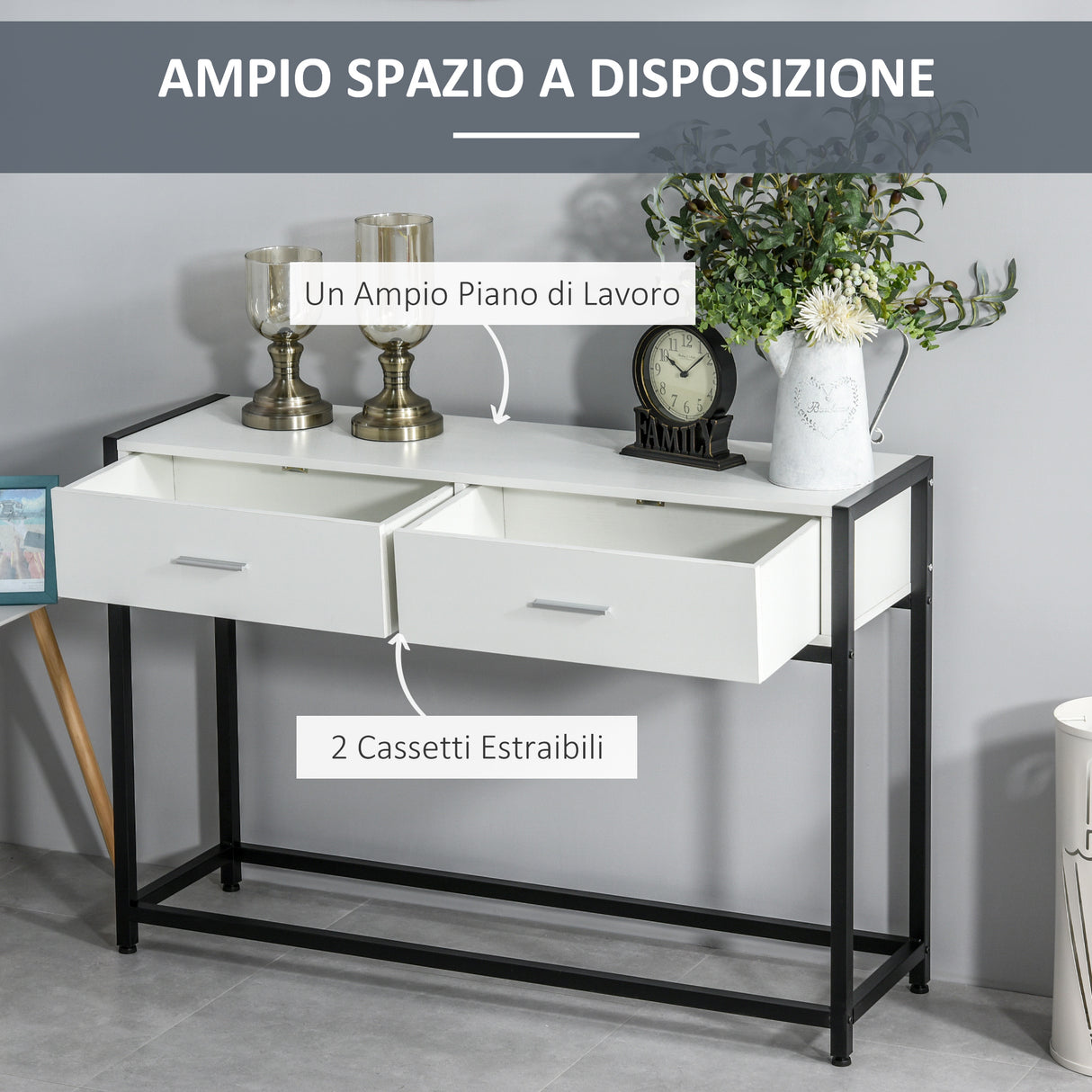easycomfort easycomfort tavolo consolle per ingresso con 2 cassetti in legno bianco e metallo nero ean 8054144132648