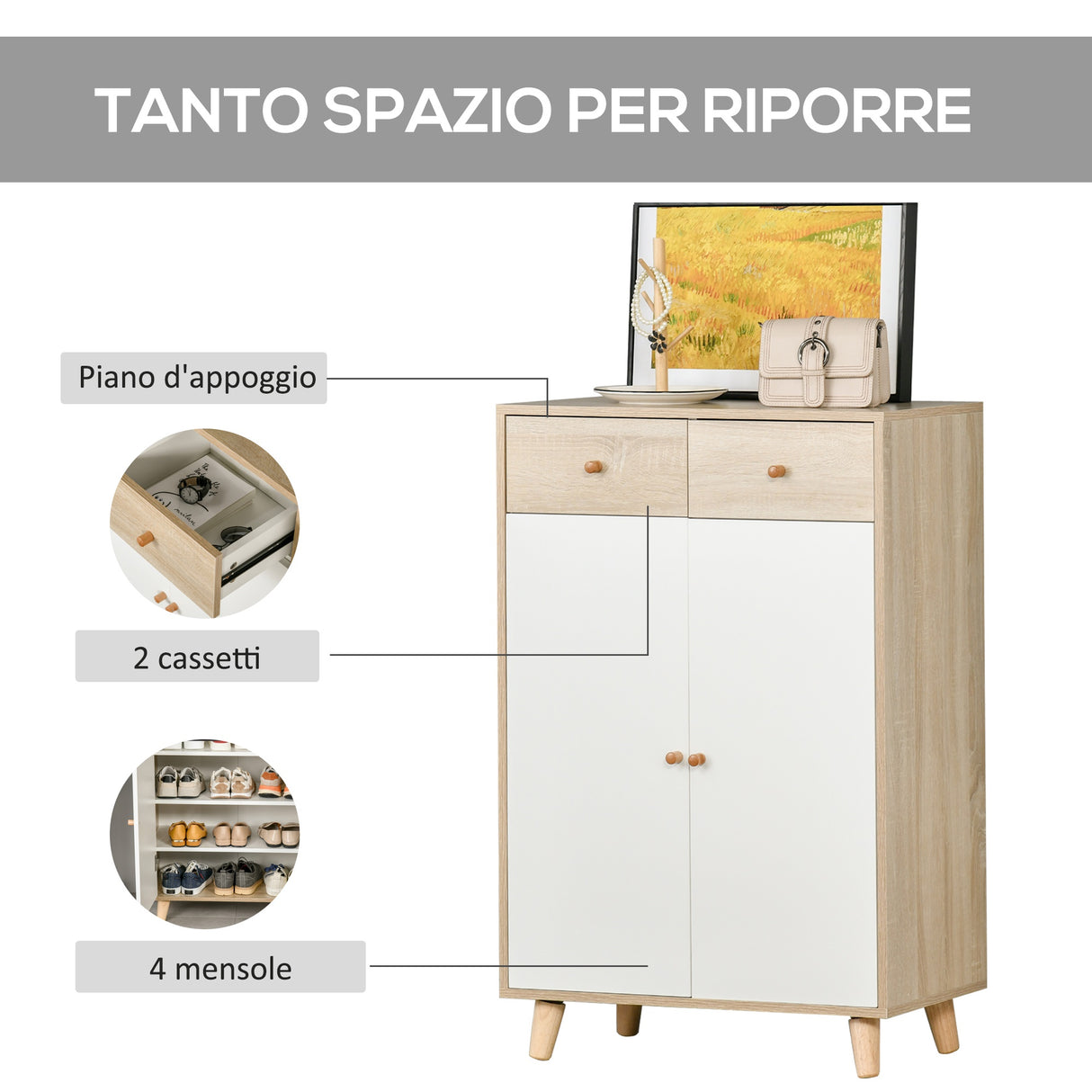 easycomfort easycomfort mobile scarpiera salvaspazio per 12 scarpe armadietto con 4 mensole e 2 cassetti 68x35x102 5cm color legno e bianco