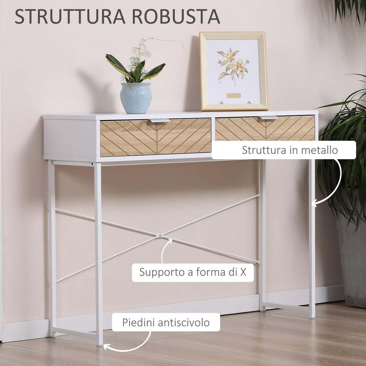 easycomfort easycomfort consolle moderna per ingresso e soggiorno con 2 cassetti in metallo 100x30x75cm bianco