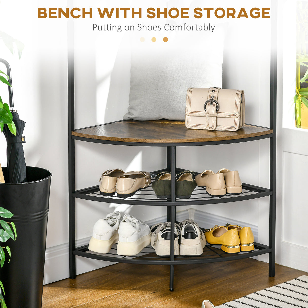 easycomfort easycomfort appendiabiti da terra angolare con panca e scarpiera in stile industriale 50x50x183cm marrone