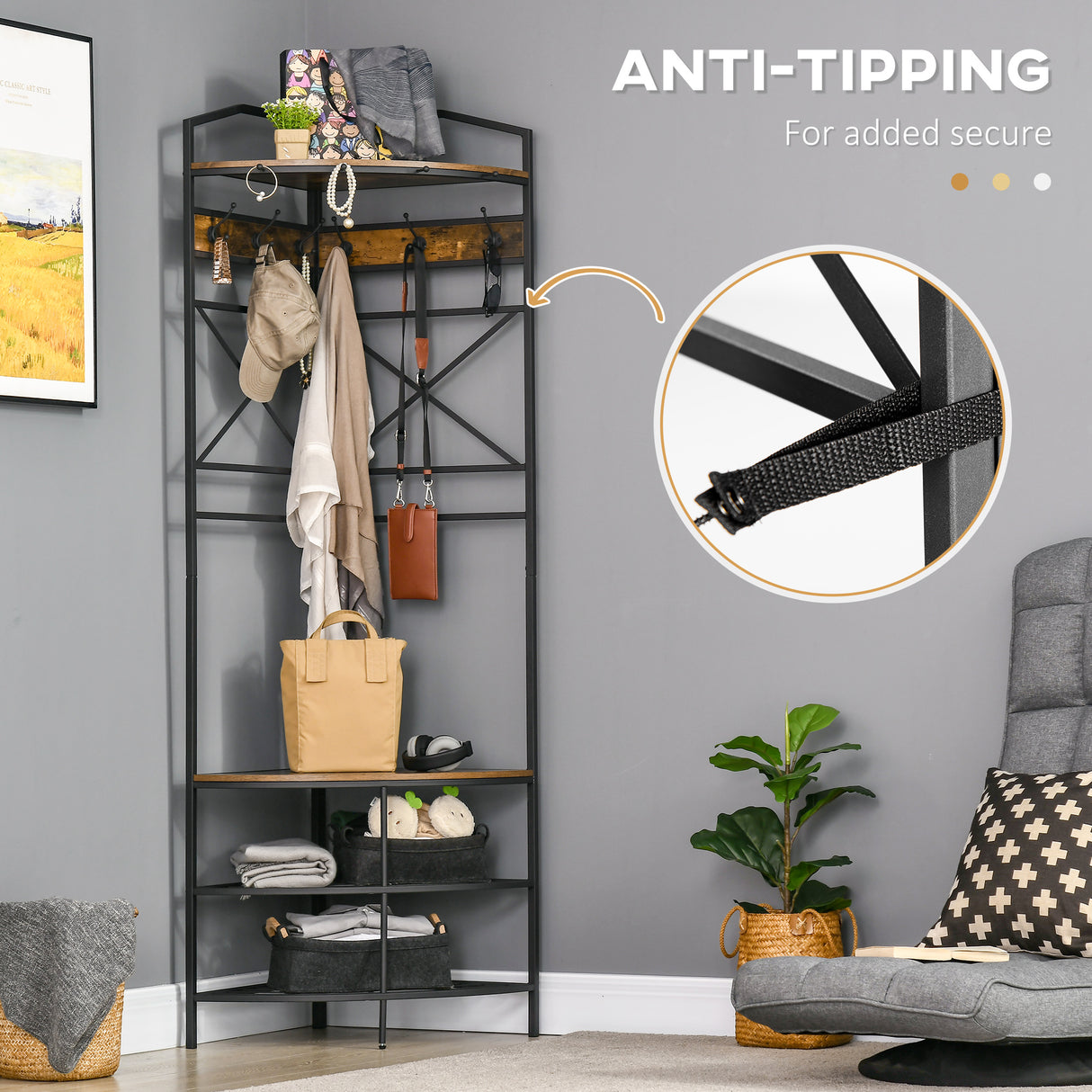 easycomfort easycomfort appendiabiti da terra angolare con panca e scarpiera in stile industriale 50x50x183cm marrone