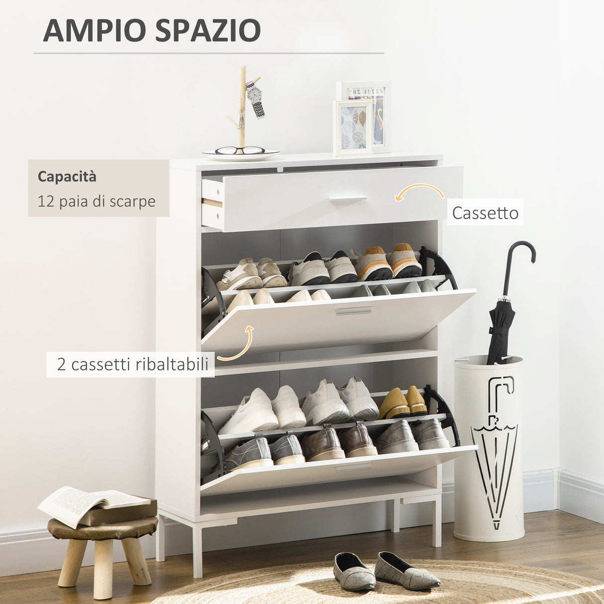 easycomfort easycomfort mobile scarpiera moderno per 12 paia di scarpe con 2 ante a ribalta e cassetto 76x26x110 cm bianco