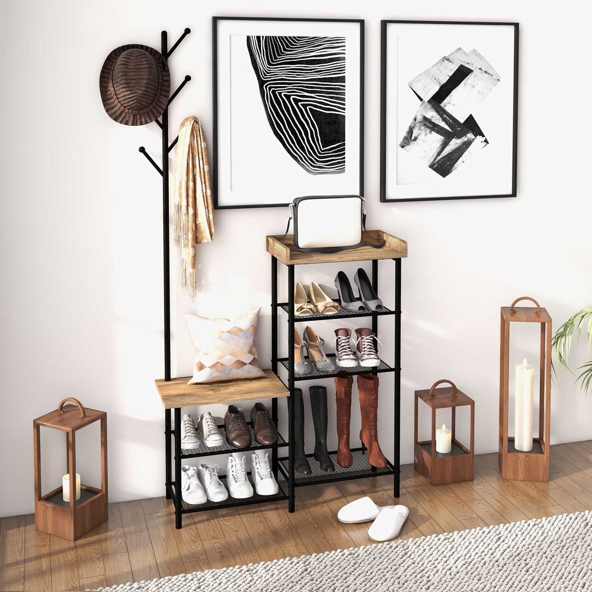 easycomfort easycomfort appendiabiti da terra a 6 ganci in truciolato e acciaio con mobile scarpiera portaoggetti 92 5x28 2x182 cm