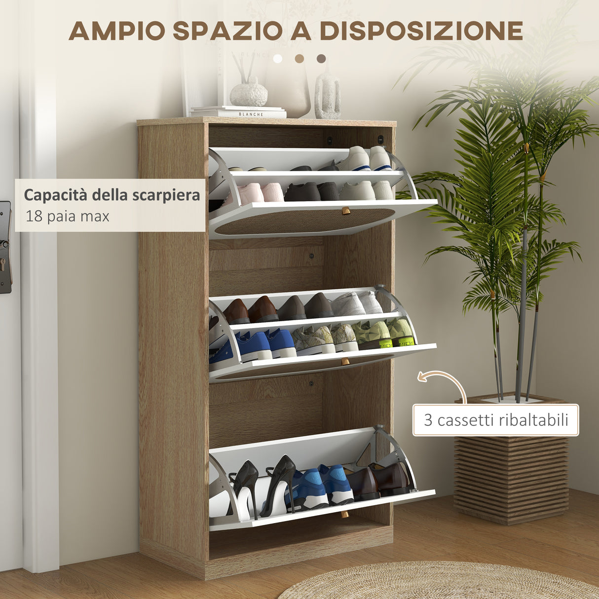 easycomfort easycomfort scarpiera stile boho in rattan truciolato e mdf con 3 ripiani regolabili per 18 paia max 60x24x115 cm