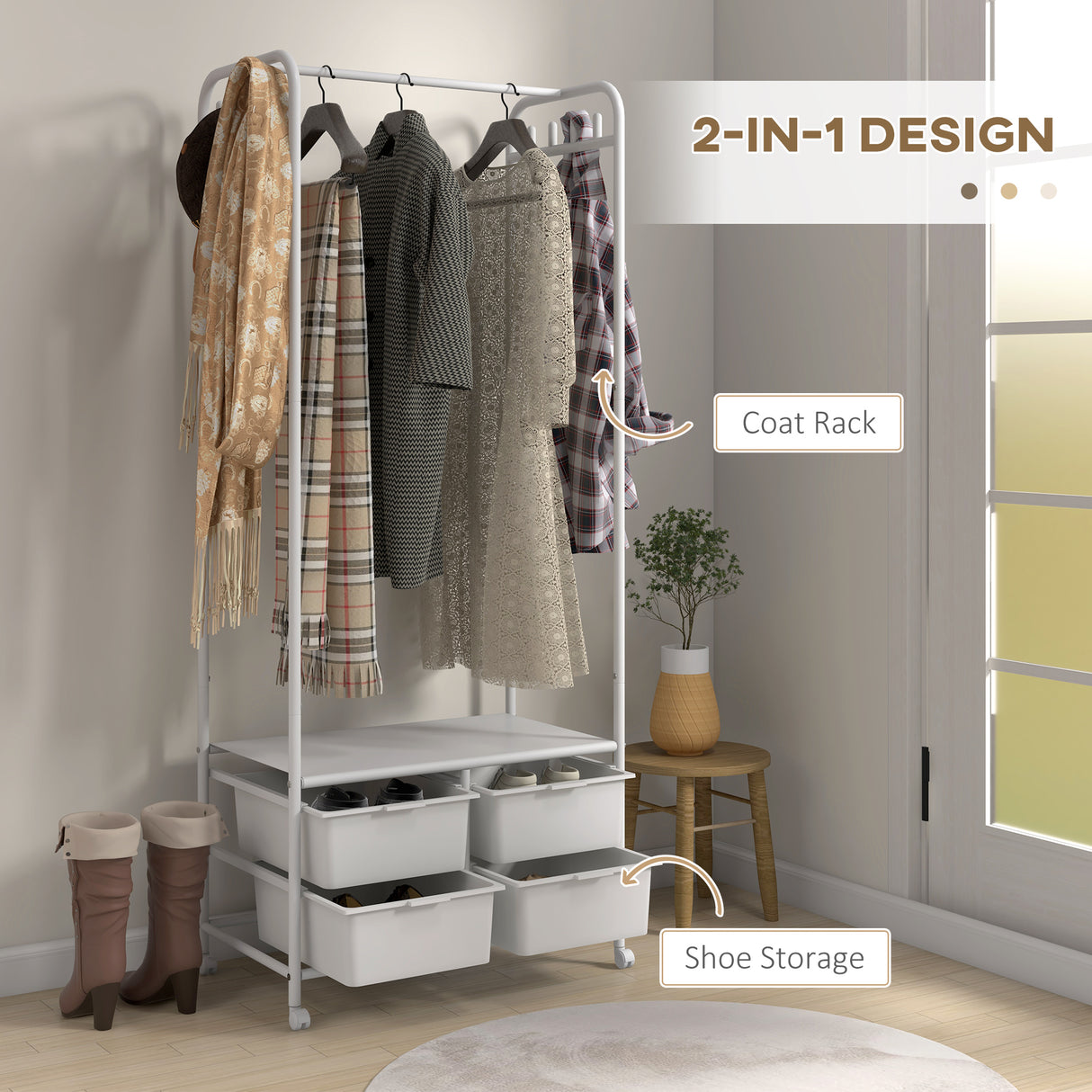 easycomfort easycomfort stand appendiabiti con scarpiera a 4 cesti e 8 ganci in acciaio e plastica 63x37x153 cm bianco