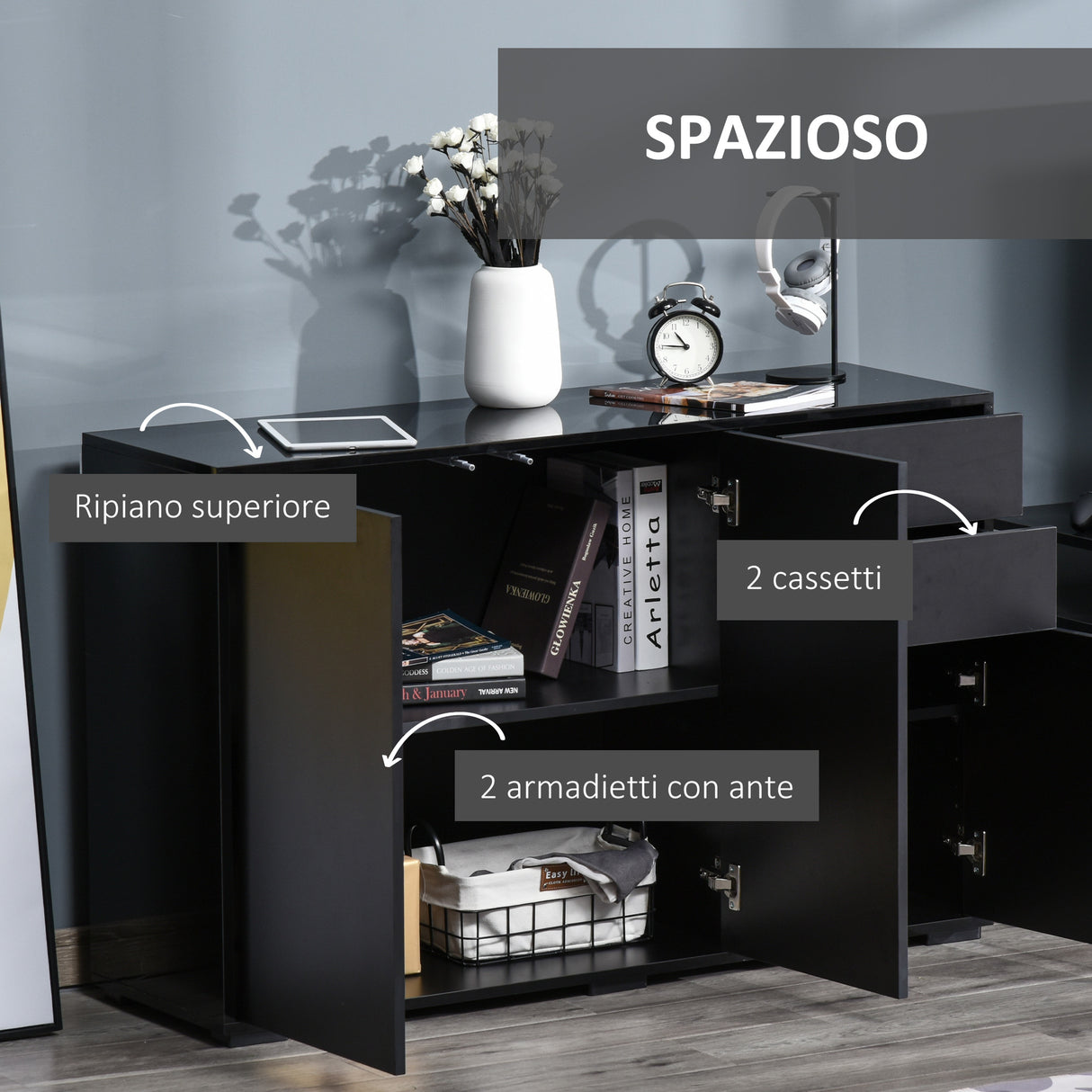 easycomfort easycomfort mobiletto multiuso nero con 2 cassetti e 2 armadietti ad apertura a pressione 117x36x74cm