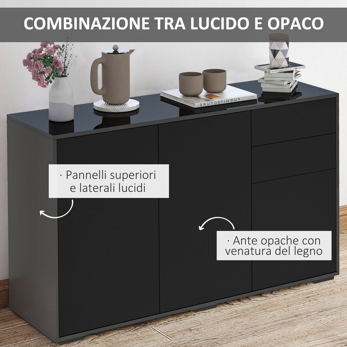 easycomfort easycomfort mobiletto multiuso nero con 2 cassetti e 2 armadietti ad apertura a pressione 117x36x74cm