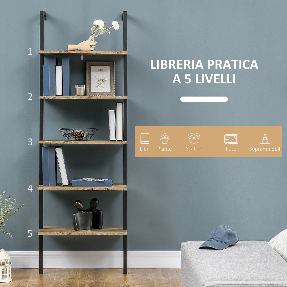 easycomfort easycomfort libreria a scala con 5 ripiani in stile industriale in legno e metallo 60x30x184 5cm marrone