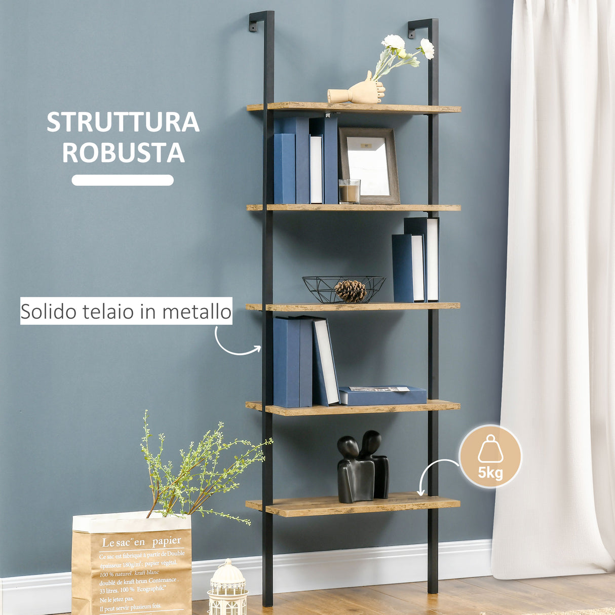 easycomfort easycomfort libreria a scala con 5 ripiani in stile industriale in legno e metallo 60x30x184 5cm marrone