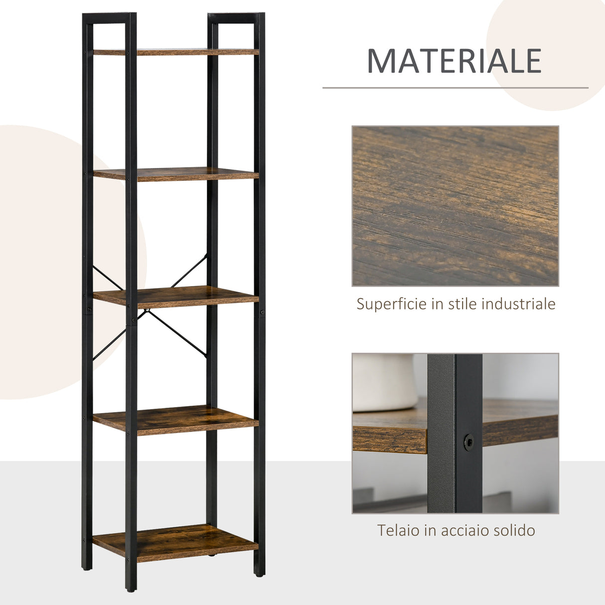 easycomfort easycomfort libreria stile industriale a 5 scaffali in legno e acciaio 40x30x154cm marrone rustico