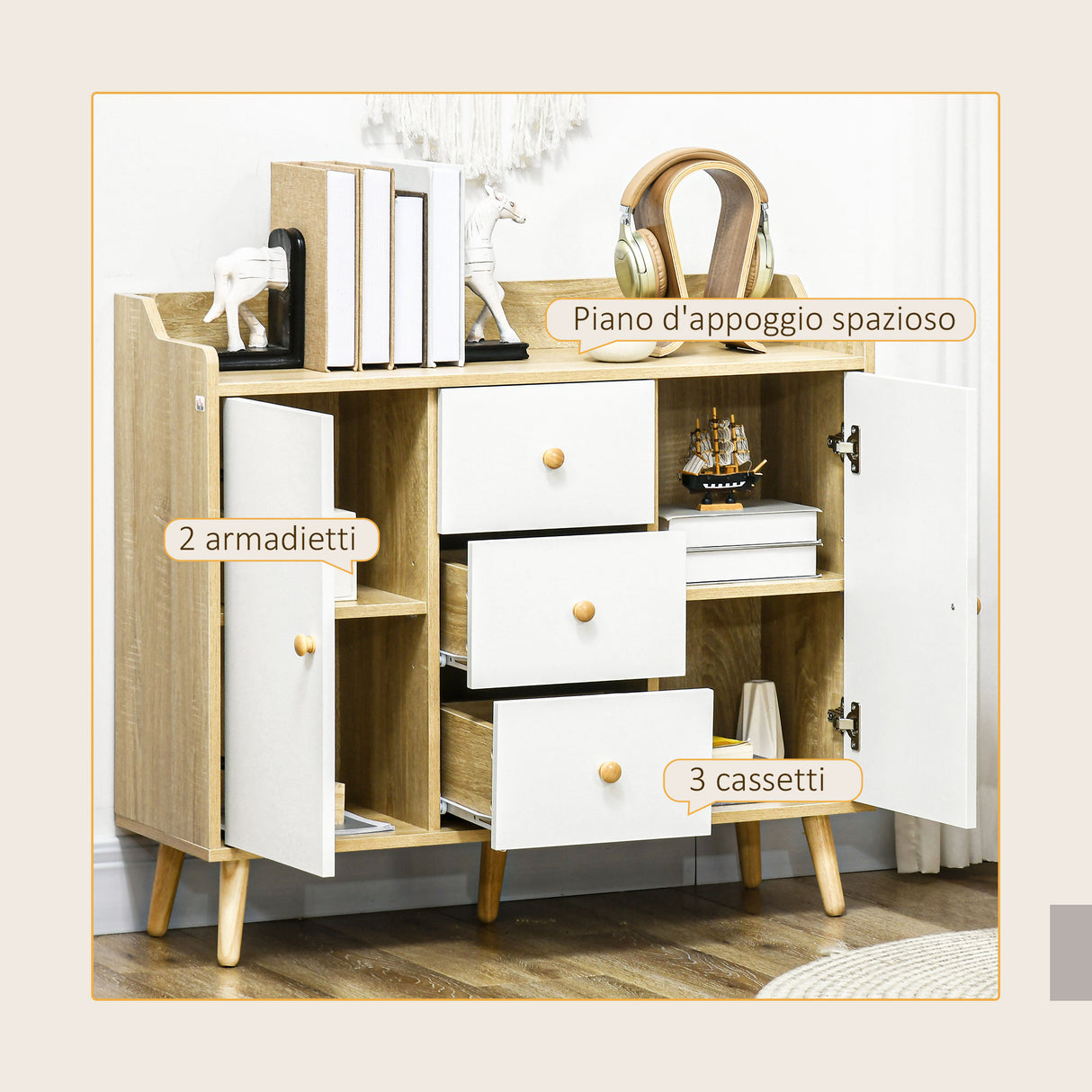 easycomfort easycomfort credenza moderna in truciolato e legno di pino con 3 cassetti e 2 armadietti a 2 livelli 90x32x80a cm