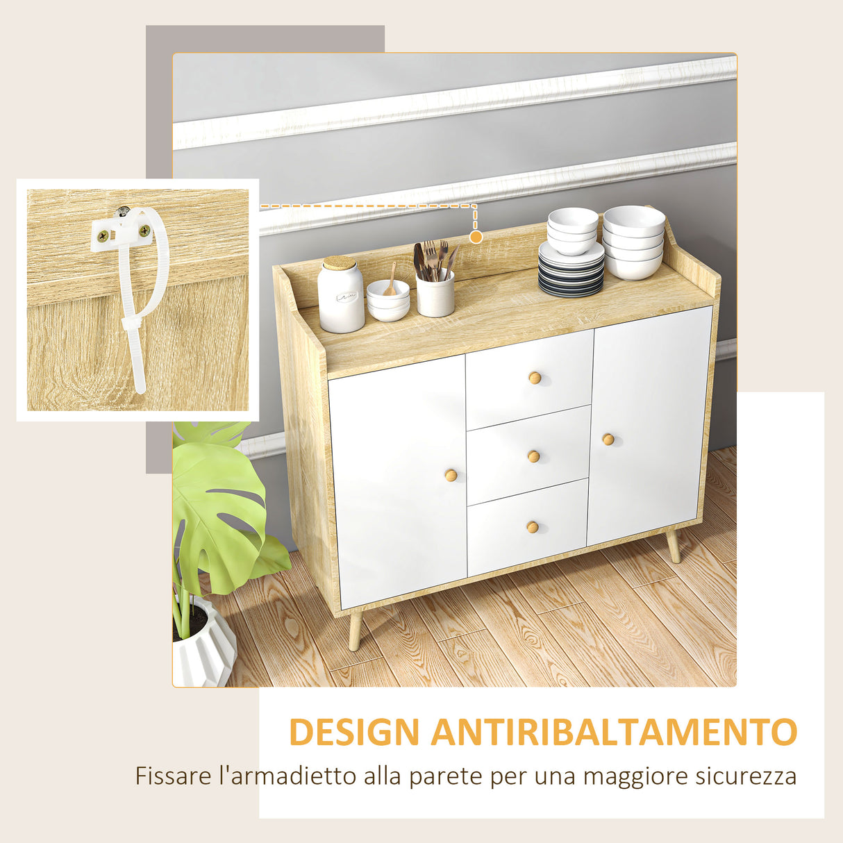 easycomfort easycomfort credenza moderna in truciolato e legno di pino con 3 cassetti e 2 armadietti a 2 livelli 90x32x80a cm