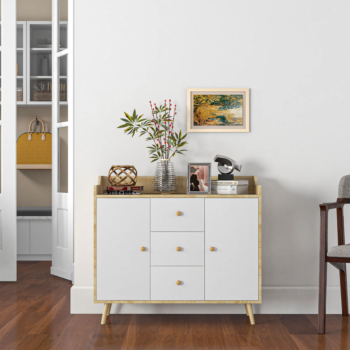 easycomfort easycomfort credenza moderna in truciolato e legno di pino con 3 cassetti e 2 armadietti a 2 livelli 90x32x80a cm