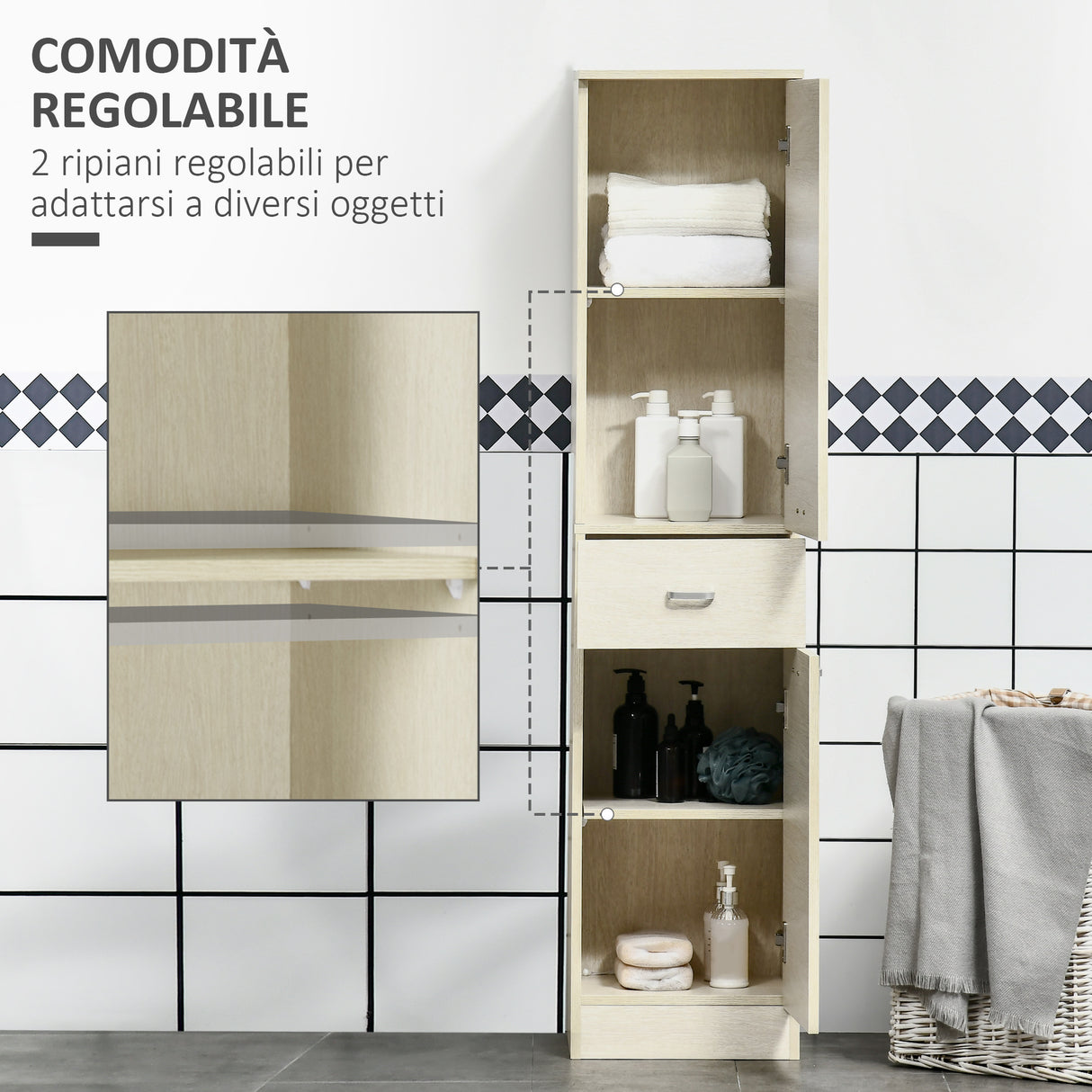 easycomfort easycomfort mobile bagno in legno con cassetto 2 armadietti e ripiani regolabili 34x34x150 cm color legno