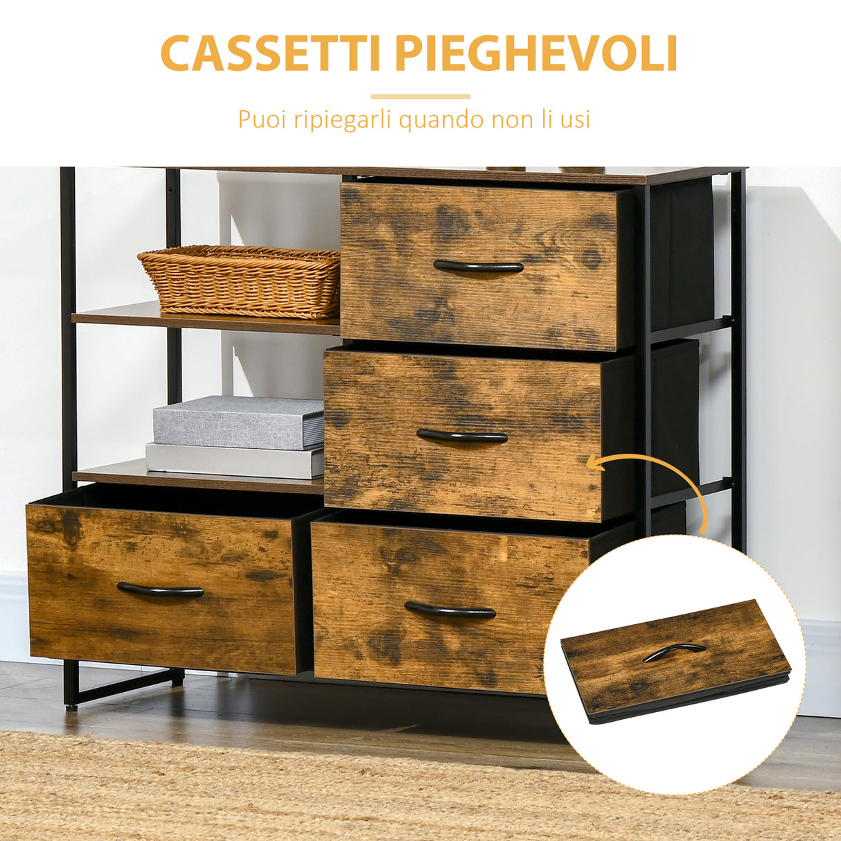 easycomfort easycomfort cassettiera in stile industriale con 4 cassetti in tessuto pieghevole e 2 ripiani aperti 84x30x71 5 cm marrone