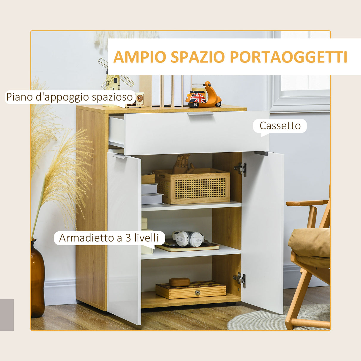 easycomfort easycomfort mobile per soggiorno con armadietto e cassetto ripiani regolabili su 3 livelli 70x35x92cm bianco