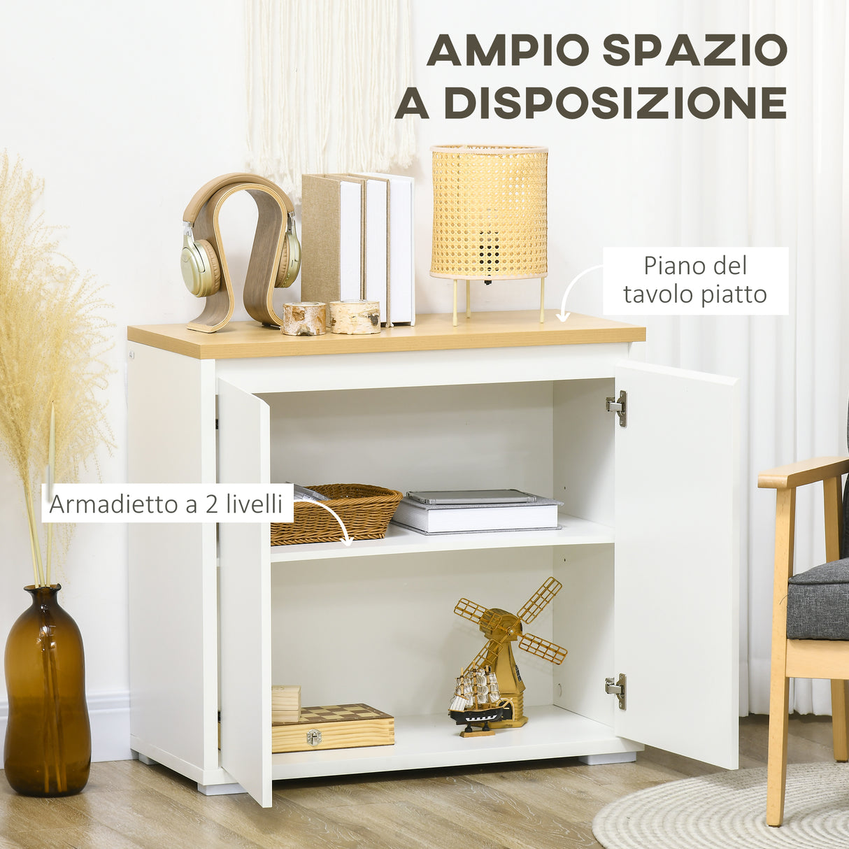 easycomfort easycomfort mobile multiuso con armadietto a 2 livelli in truciolato e ripiano regolabile 80x37x75cm