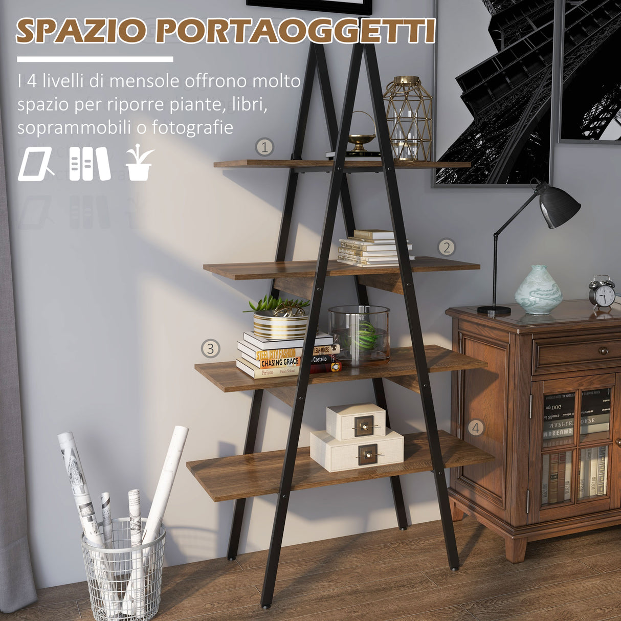 easycomfort easycomfort scaffale libreria 4 livelli in truciolato e acciaio ad a
