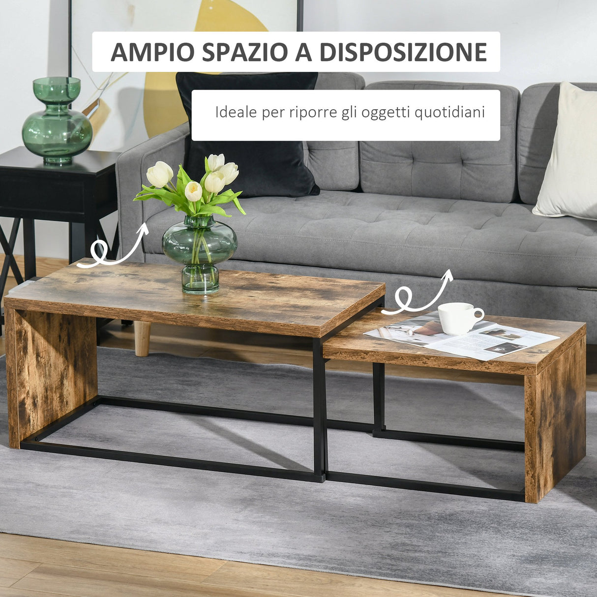 easycomfort easycomfort set di 2 tavolini da salotto impilabili e salvaspazio in stile industriale legno mdf e metallo marrone e nero