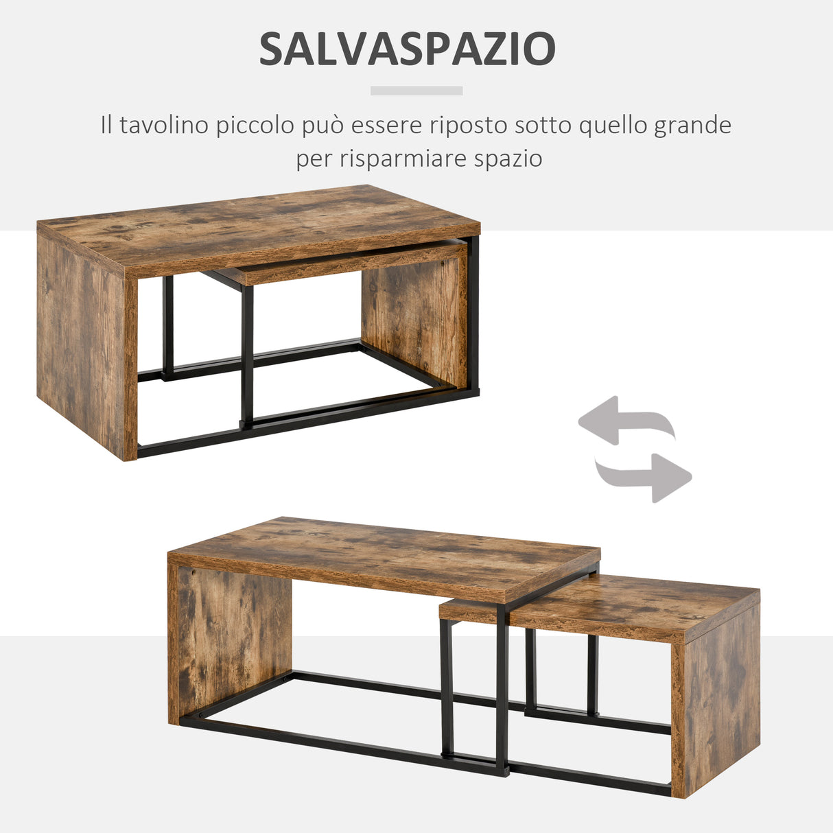 easycomfort easycomfort set di 2 tavolini da salotto impilabili e salvaspazio in stile industriale legno mdf e metallo marrone e nero