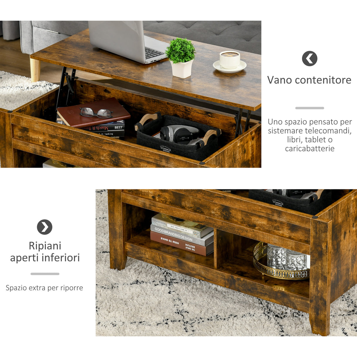 easycomfort easycomfort tavolino da salotto in stile industriale con vano contenitore e piano sollevabile in legno marrone rustico