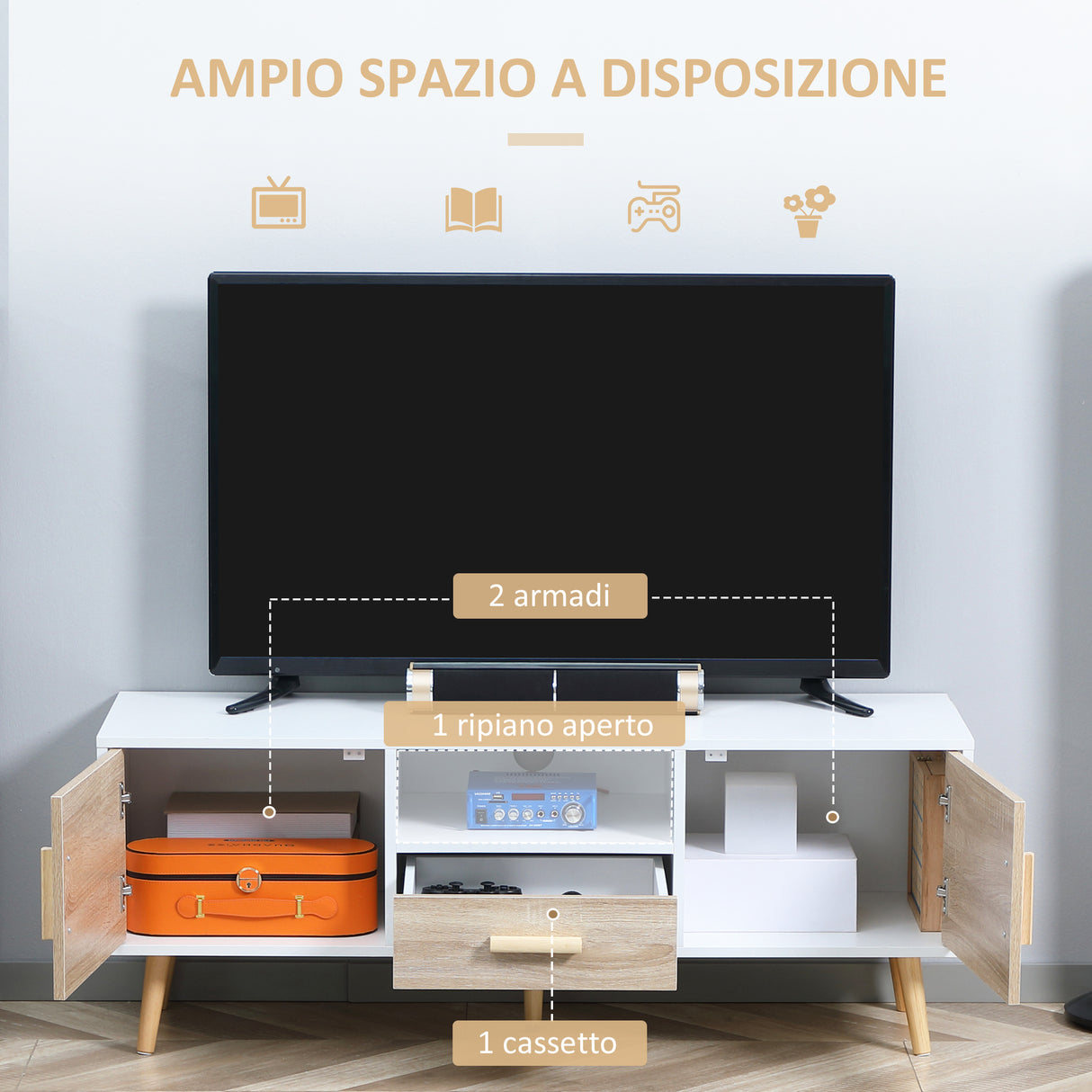easycomfort easycomfort mobile tv basso per tv max 46 con ripiano aperto cassetto e 2 armadietti in truciolato e pino 140x40x55 3 cm