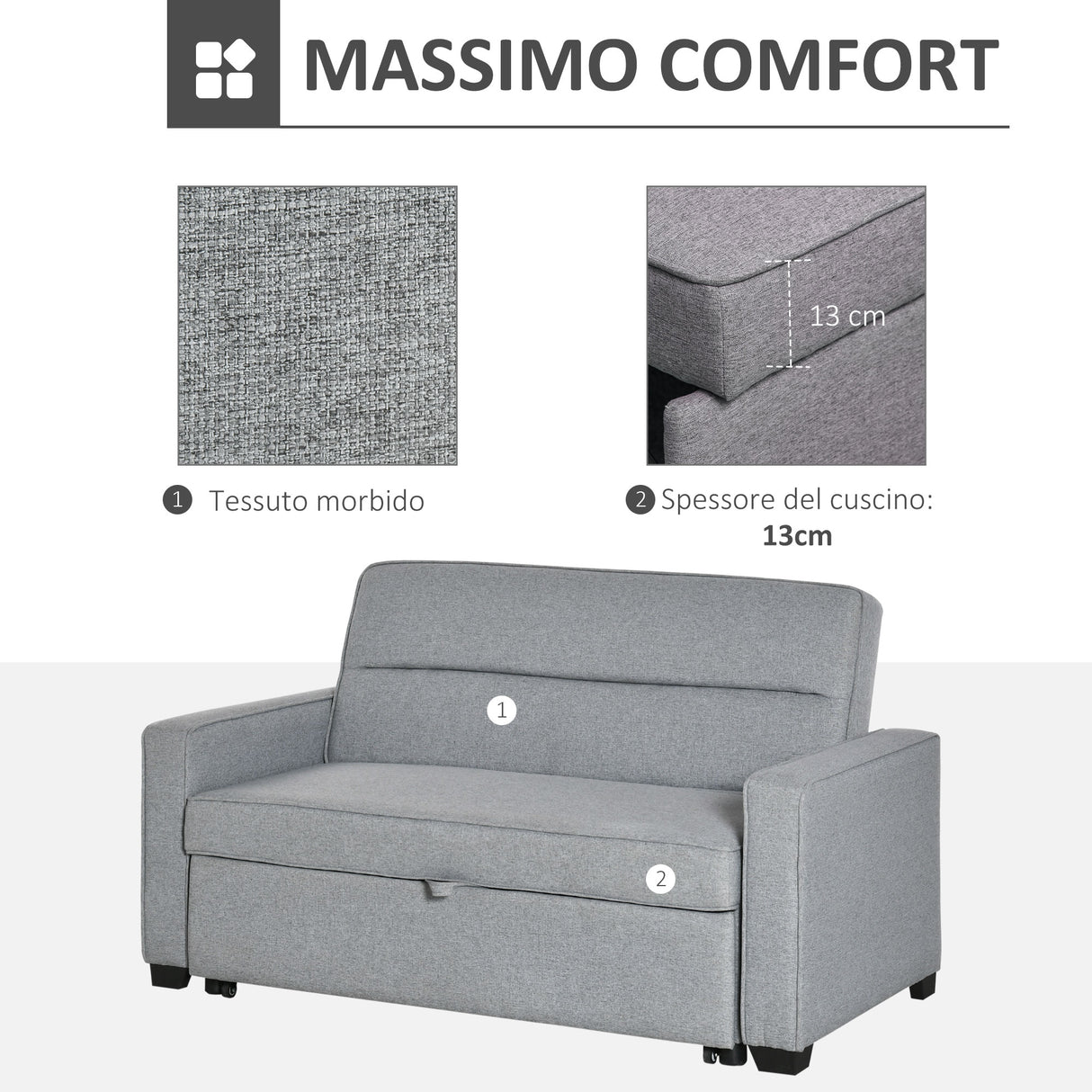 easycomfort easycomfort divano letto a 1 piazza in tessuto seduta 2 posti e schienale a 3 reclinazioni 154x87x89cm