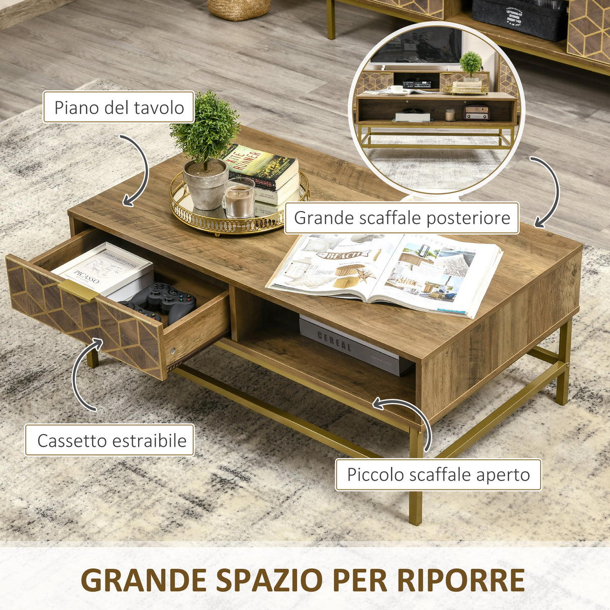 easycomfort easycomfort tavolino da salotto rettangolare con cassetto e 2 ripiani aperti 100x59x42 8cm