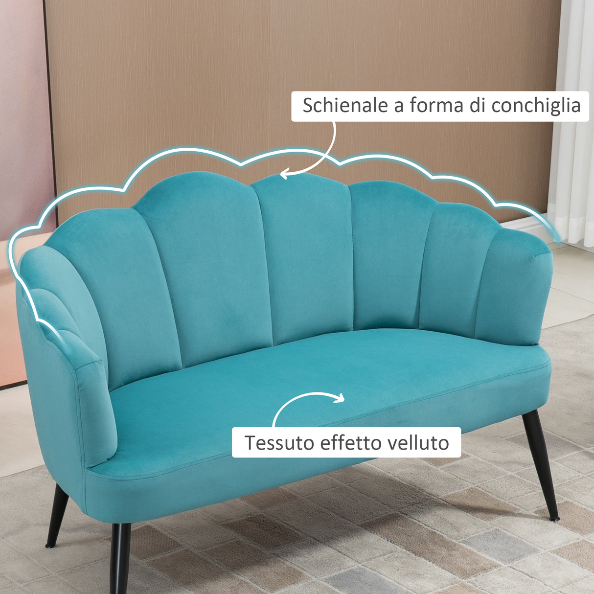 easycomfort easycomfort divano 2 posti in velluto con gambe in metallo e schienale a conchiglia 132x66x80cm verde