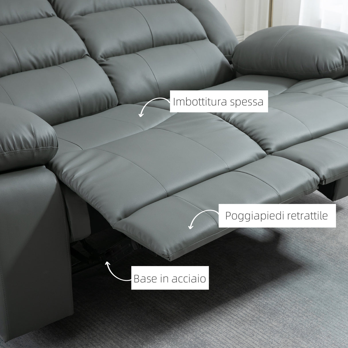 easycomfort easycomfort divano 2 posti reclinabile e imbottito con schienale diviso e poggiapiedi 168x98x102 cm grigio