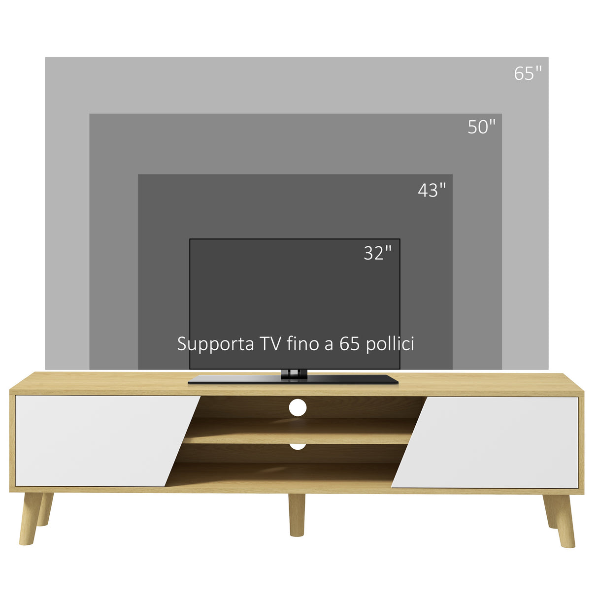 easycomfort easycomfort mobile porta tv fino 65 con armadietti e ripiani aperti 150x30x42cm bianco e legno