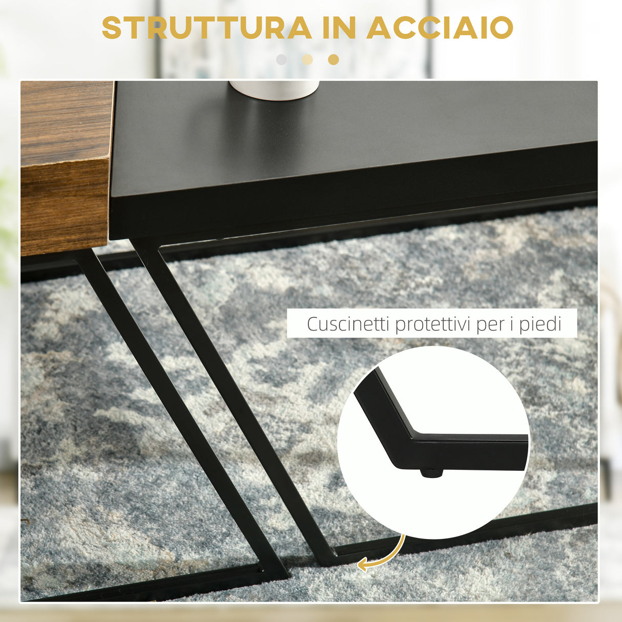 easycomfort easycomfort set 2 tavolini da caffe in truciolato e acciaio tavolo nero 80x60x42 cm e tavolo marrone 60x60x46 cm