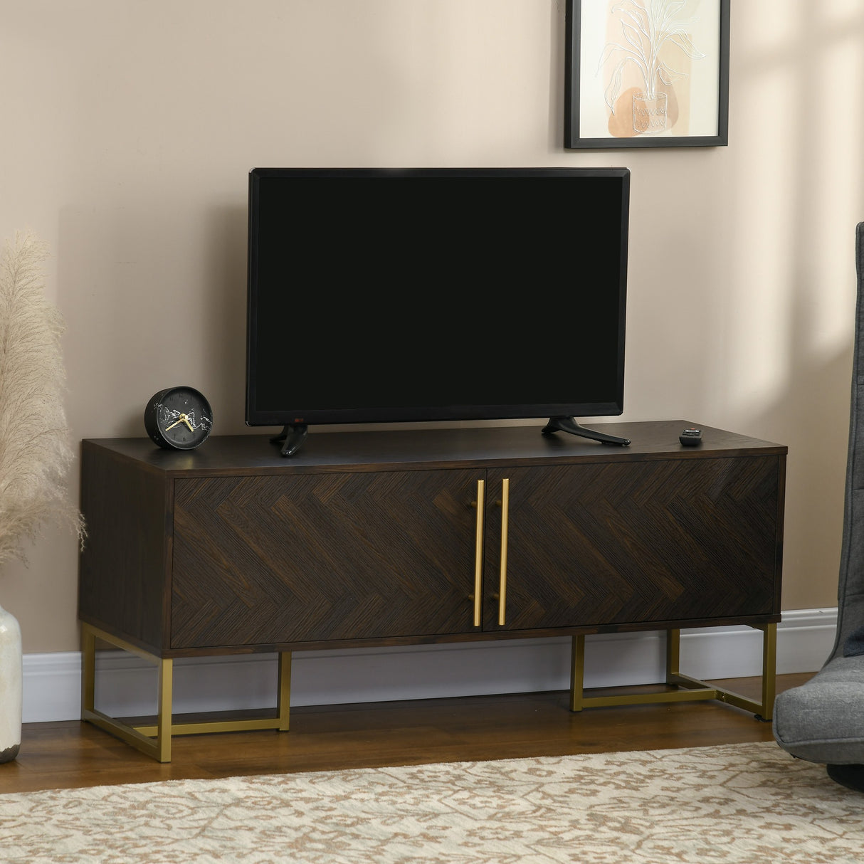 easycomfort easycomfort mobile porta tv fino a 55 con 2 armadietti in legno e metallo 120x39x50 cm marrone e oro