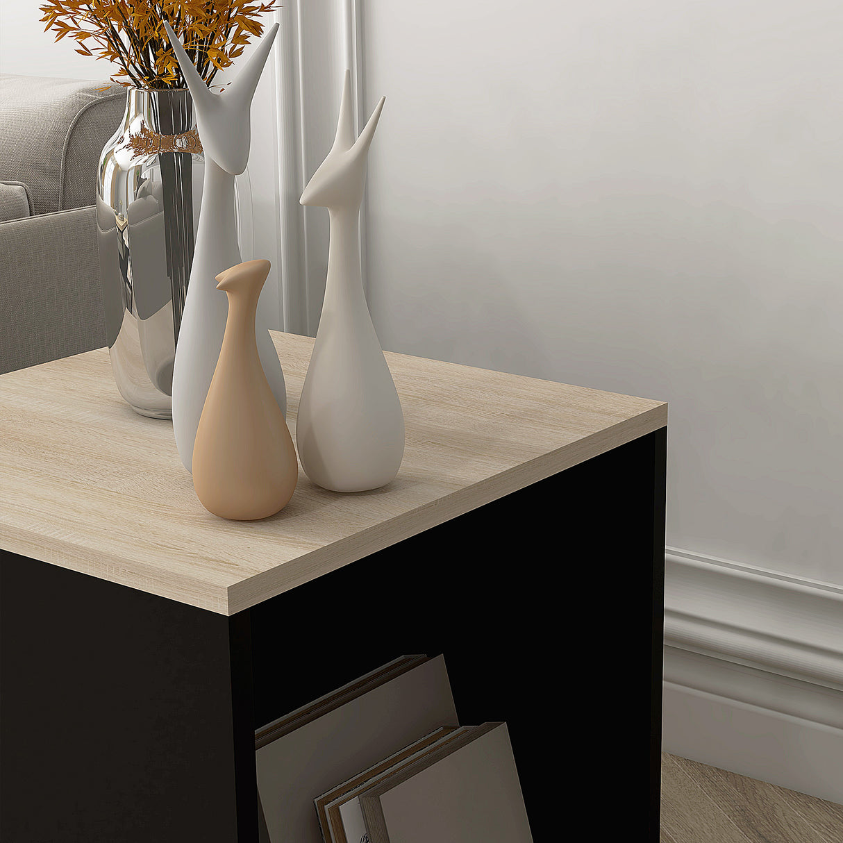 easycomfort easycomfort set da 2 tavolini da caffe con vano porta oggetti in truciolato e acciaio 40x40x45cm nero e quercia